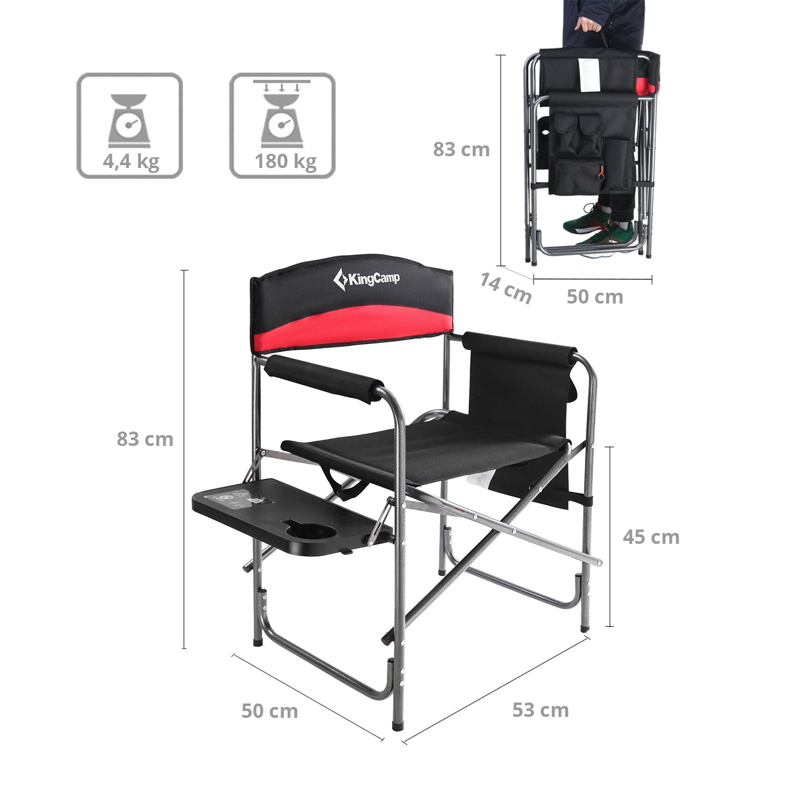 Chaise de directeur KINGCAMP XL Chaise de directeur de camping pliante Accoudoir Table 180 kg