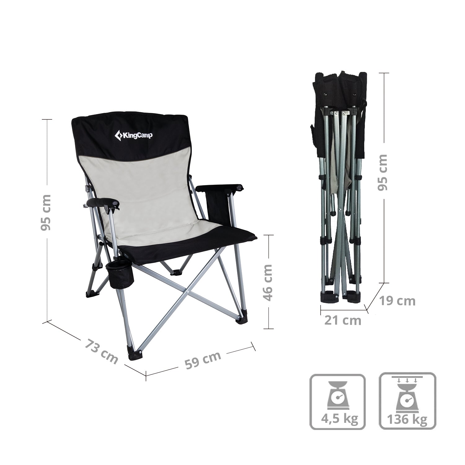 KINGCAMP Camping Falt Stuhl XL Klapp Sessel Garten Outdoor Armlehne Stahl 136 kg