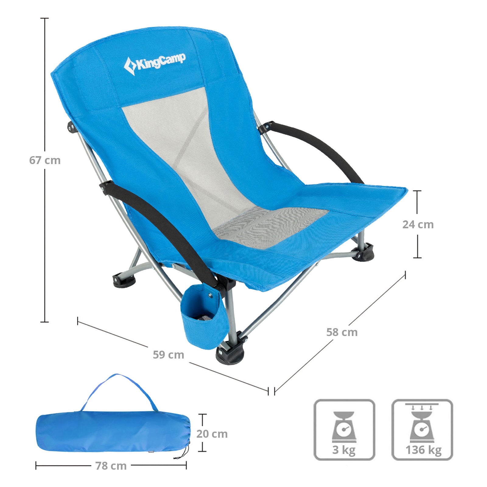 Chaise longue de plage KINGCAMP, fauteuil de camping pliant, fauteuil de jardin bas en acier, charge 136 kg