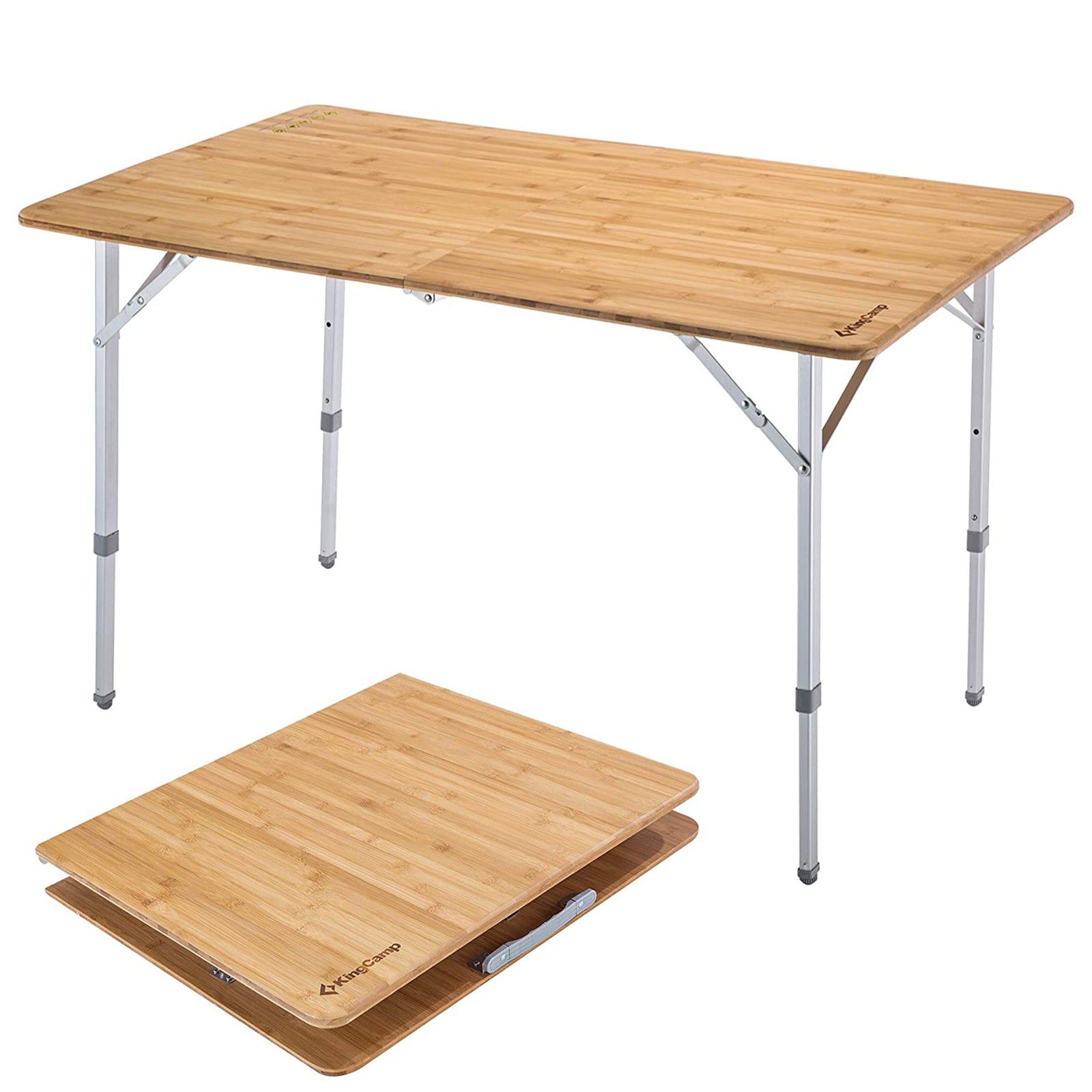 Table pliante en bambou KINGCAMP, table de camping pliante de jardin en aluminium et bois, 3 hauteurs réglables