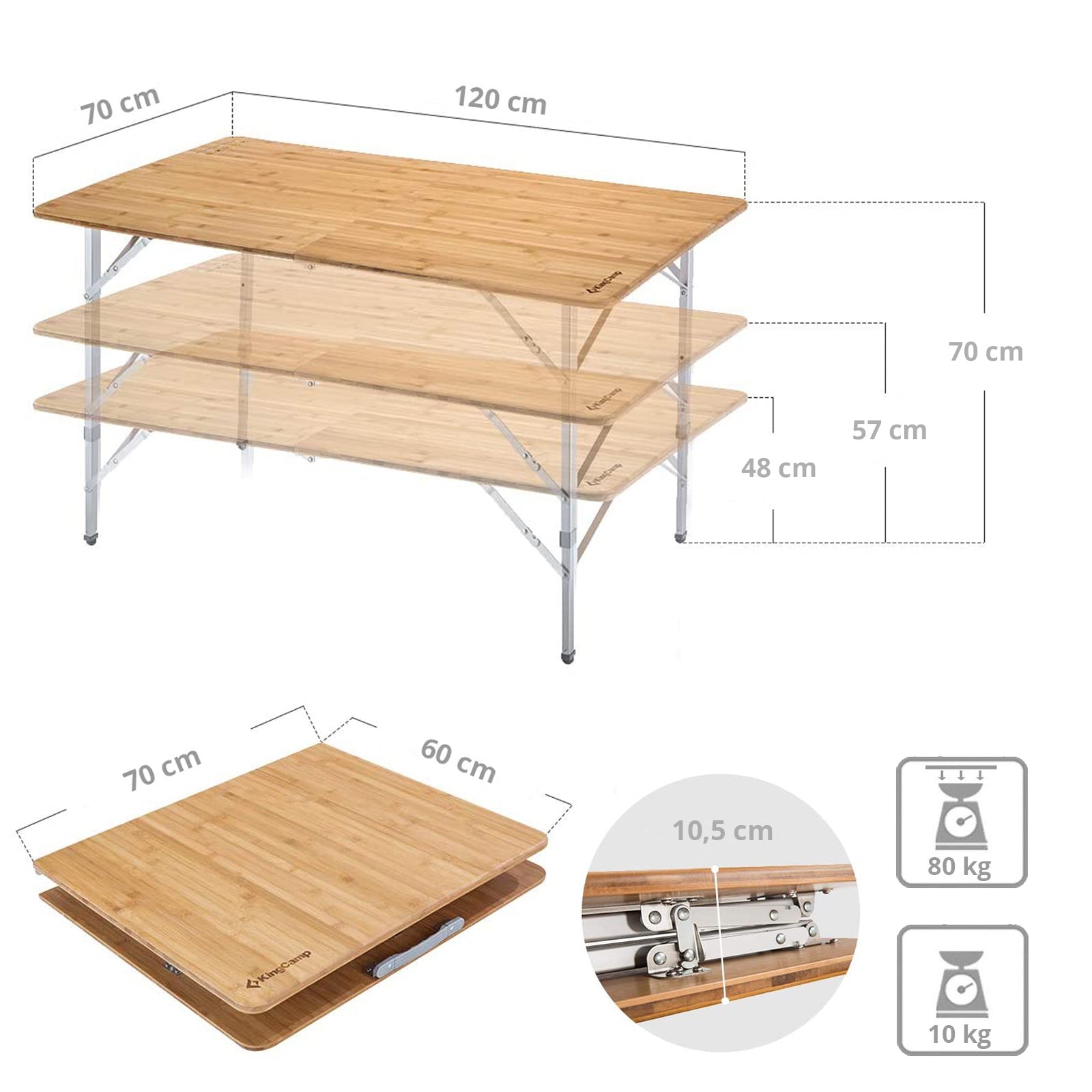 Table pliante en bambou KINGCAMP, table de camping pliante de jardin en aluminium et bois, 3 hauteurs réglables