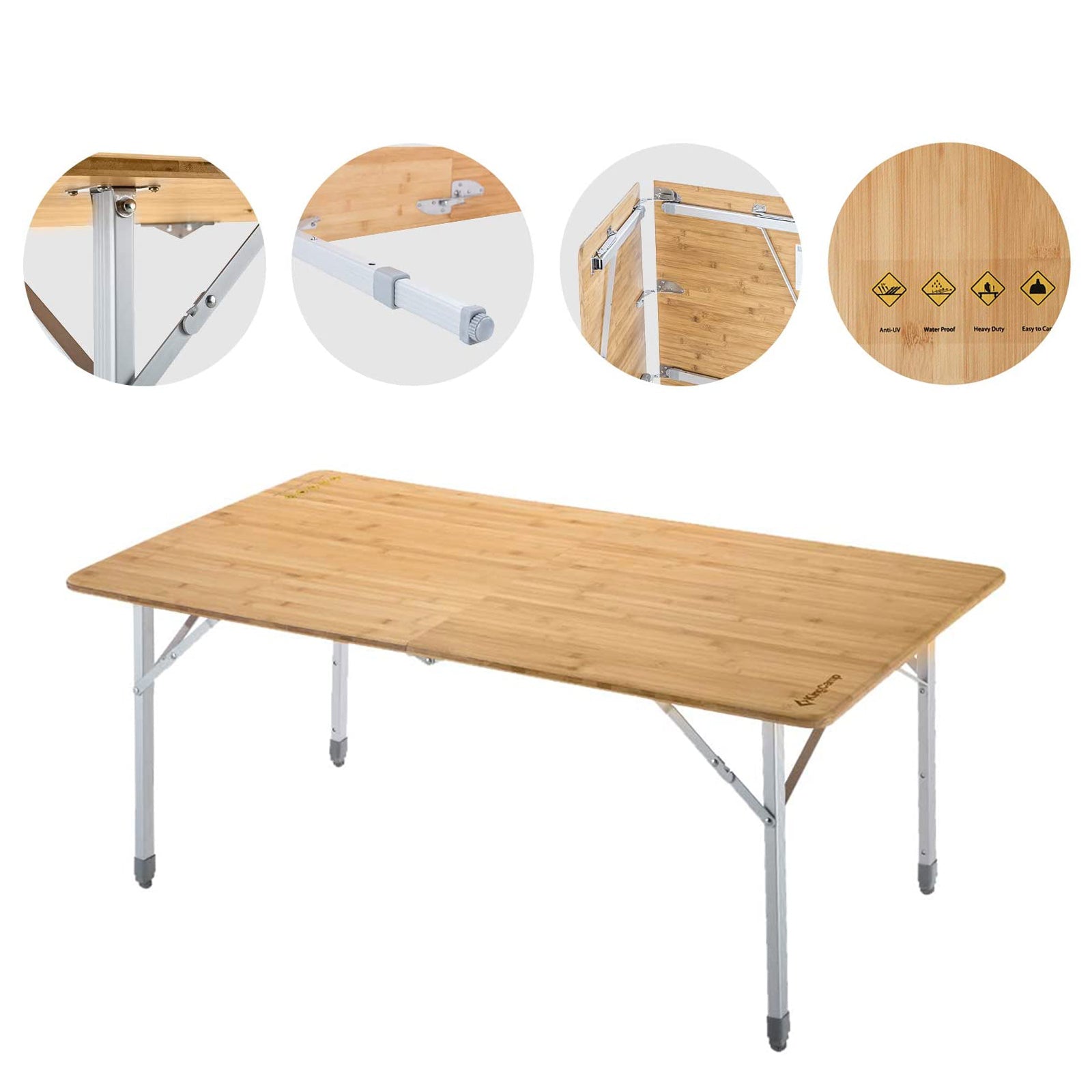 Table pliante en bambou KINGCAMP, table de camping pliante de jardin en aluminium et bois, 3 hauteurs réglables