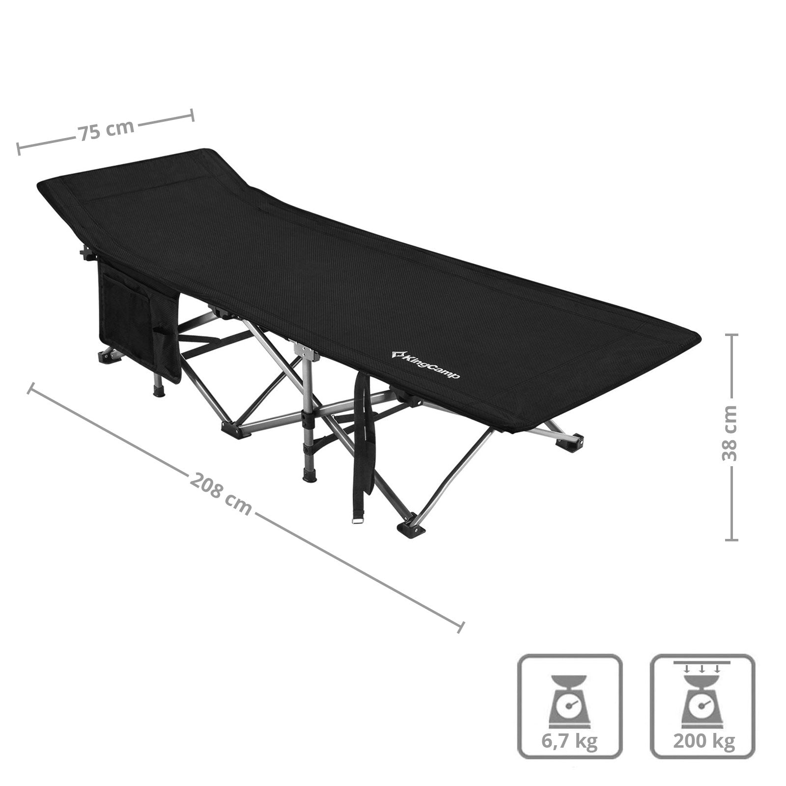 Lit de camp KINGCAMP XL chaise longue de camping d'extérieur lit pliant invité acier 208x75cm 200kg