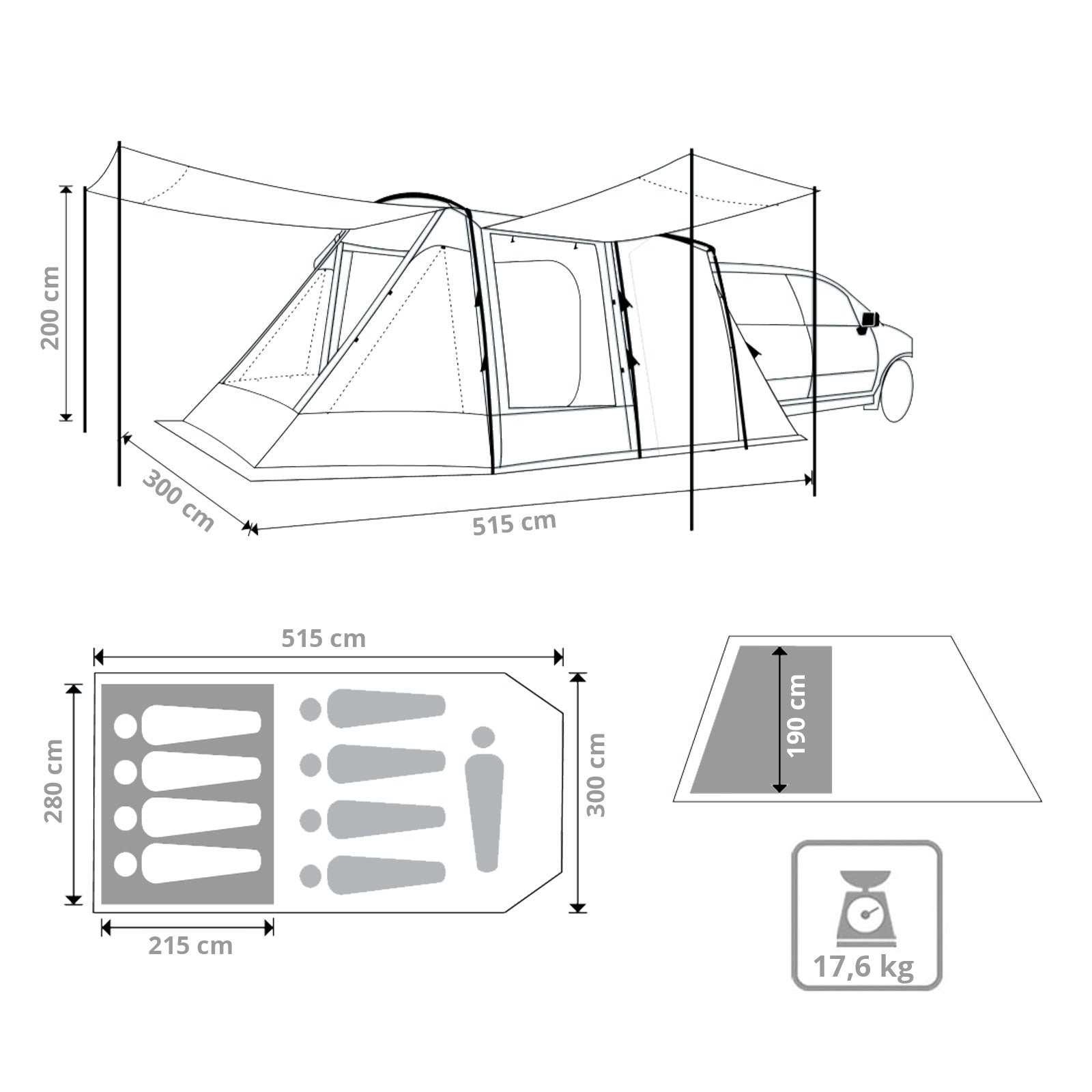 KINGCAMP bus-tent Capri achtertent voor VW-bus, voor-tent voor SUV en camper, voorruimte 3000 mm