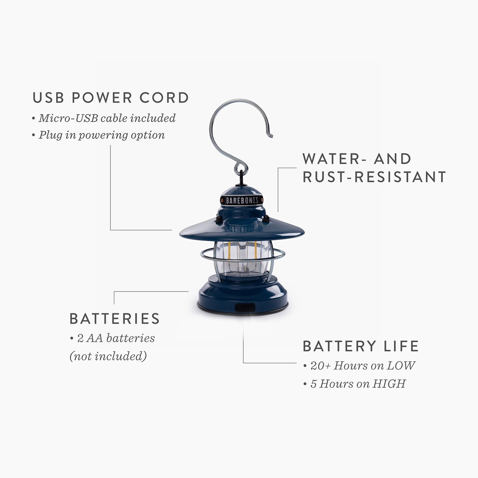 BAREBONES Camping Laterne Edison Mini Retro Lampe Dimmbar Stahl USB Akku LED