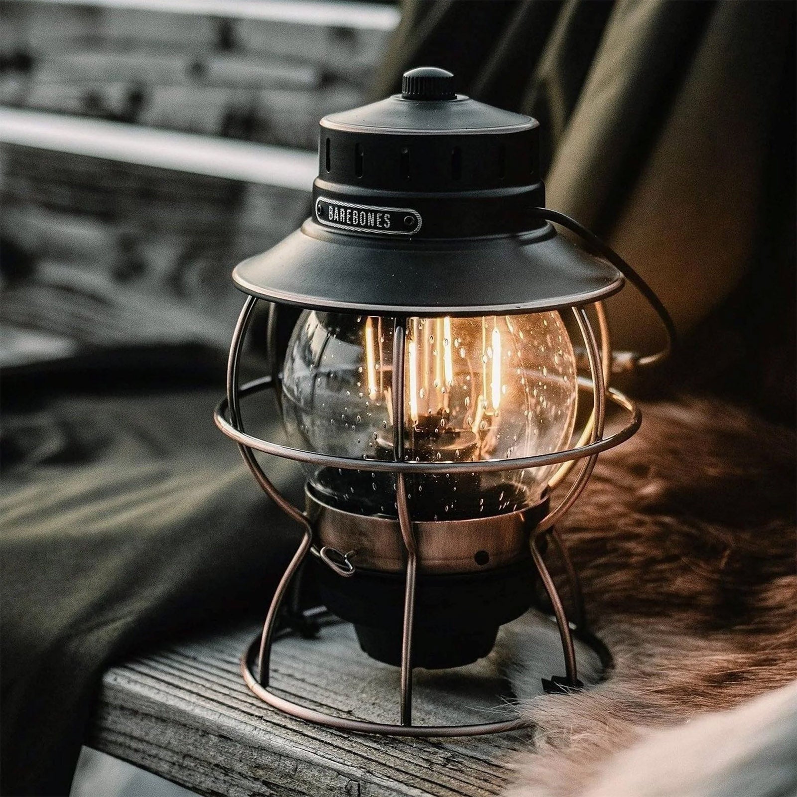 BAREBONES Camping Lantern Railroad Retro Lamp Dimmable Metal Glass USB Battery LED