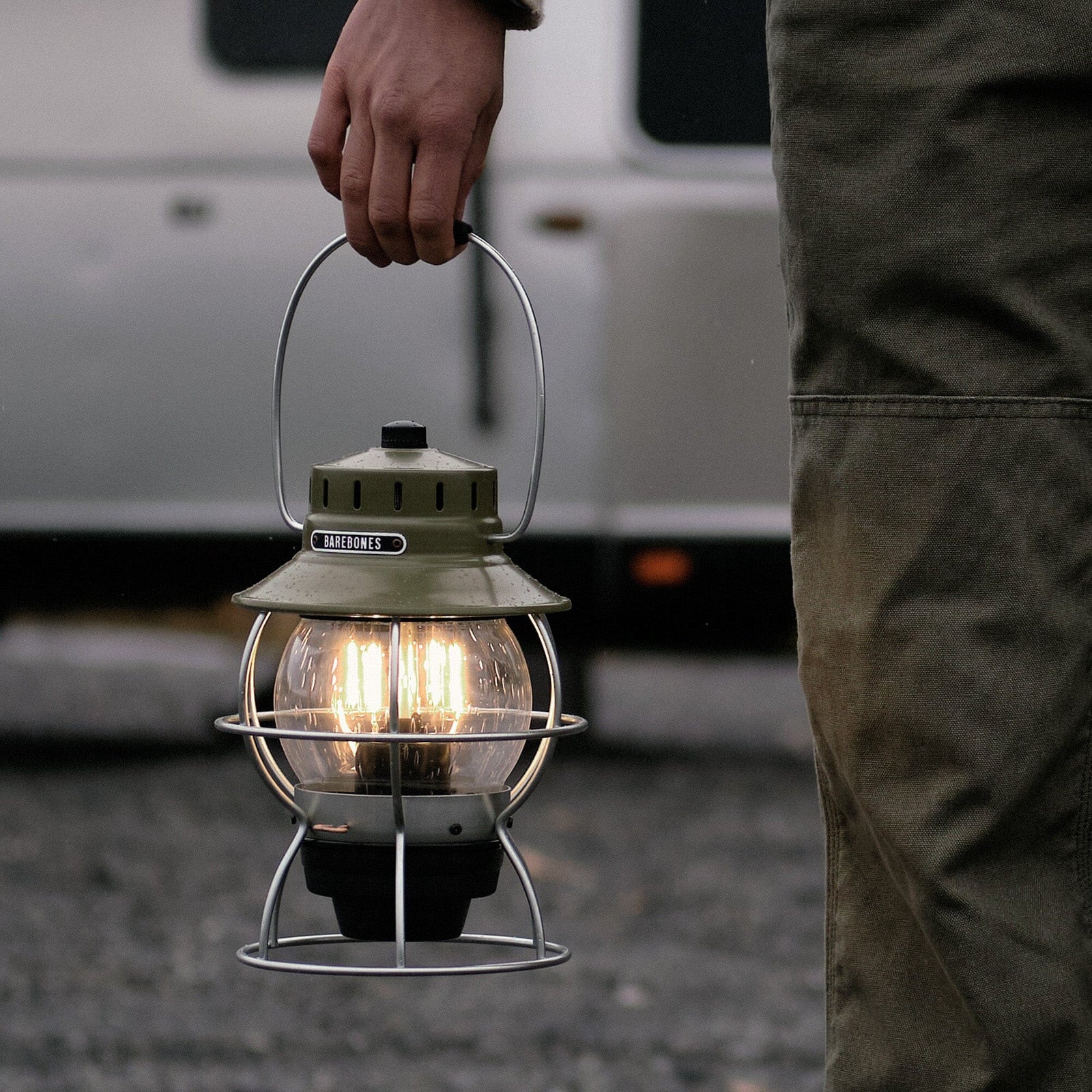 BAREBONES Camping Lantern Railroad Retro Lamp Dimmable Metal Glass USB Battery LED