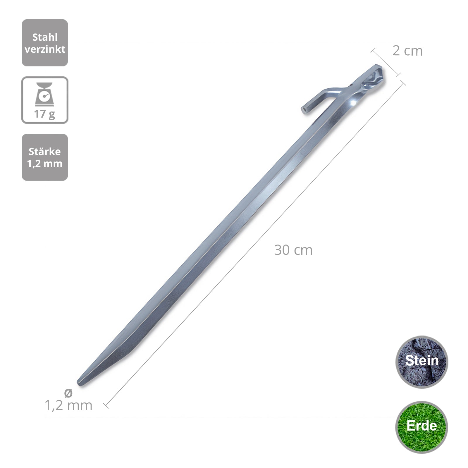 10 x Hering Tirol 30 cm mit Spannhaken - Zelt Nagel Fels Erdnagel Stahl verzinkt