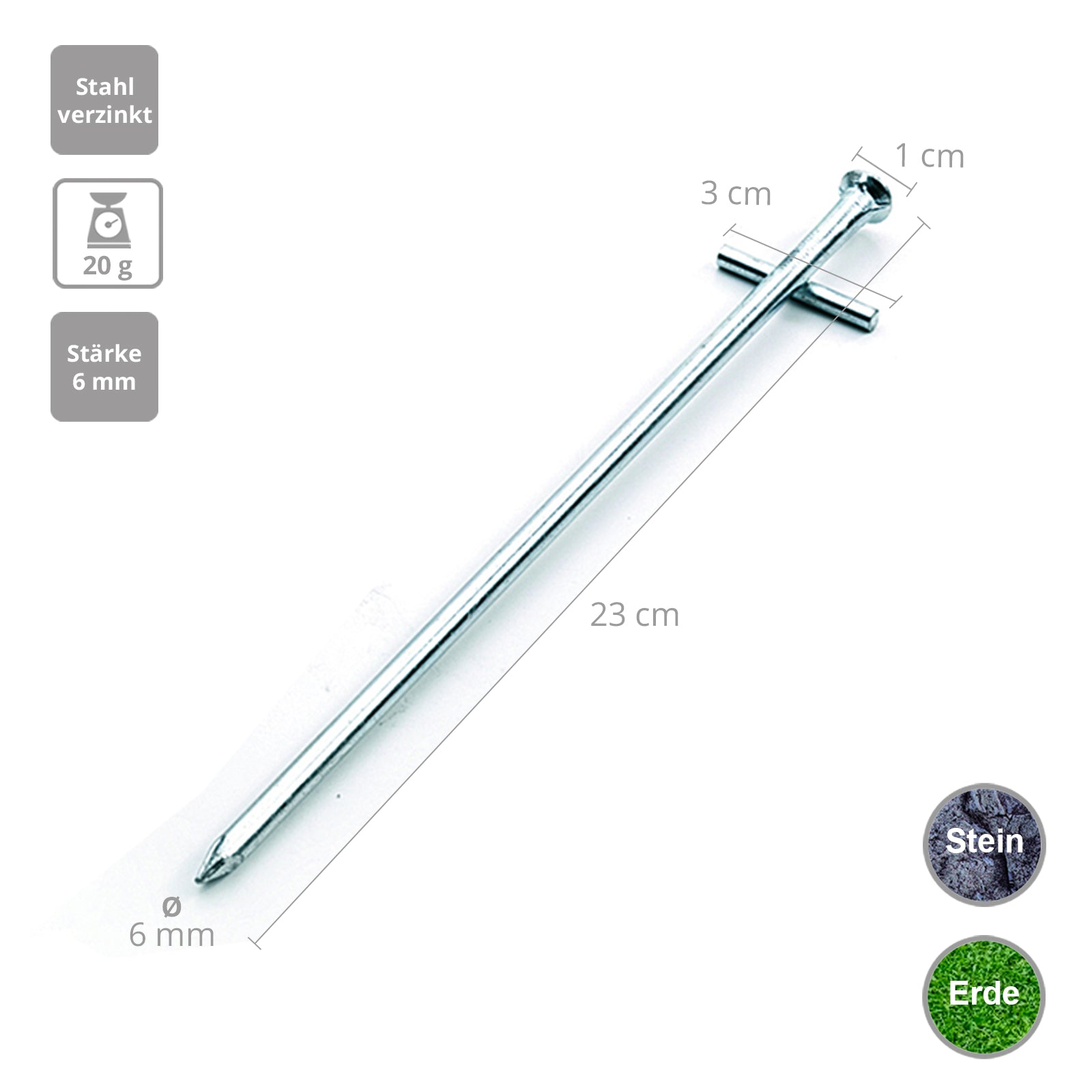 10 x Felsbodenhering 23 cm - Felsnagel Zelt Hering Erdnagel Stahl Nägel verzinkt