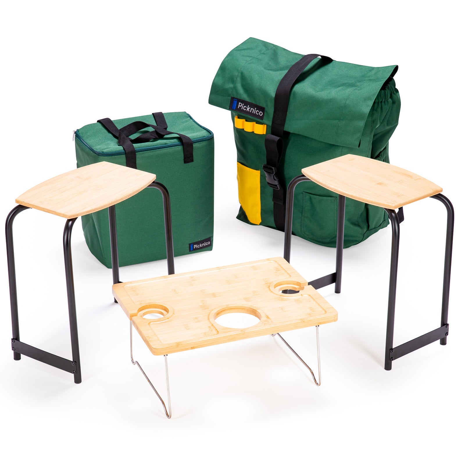 PICKNICO Picknick Tisch Set + Hocker Rucksack Kühltasche Camping Alu Bambus Holz