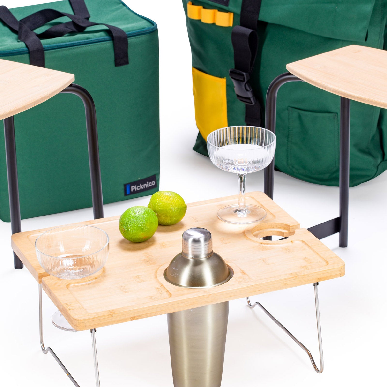Ensemble table de pique-nique PICKNICO + tabouret, sac à dos, sac isotherme, camping, aluminium, bambou et bois