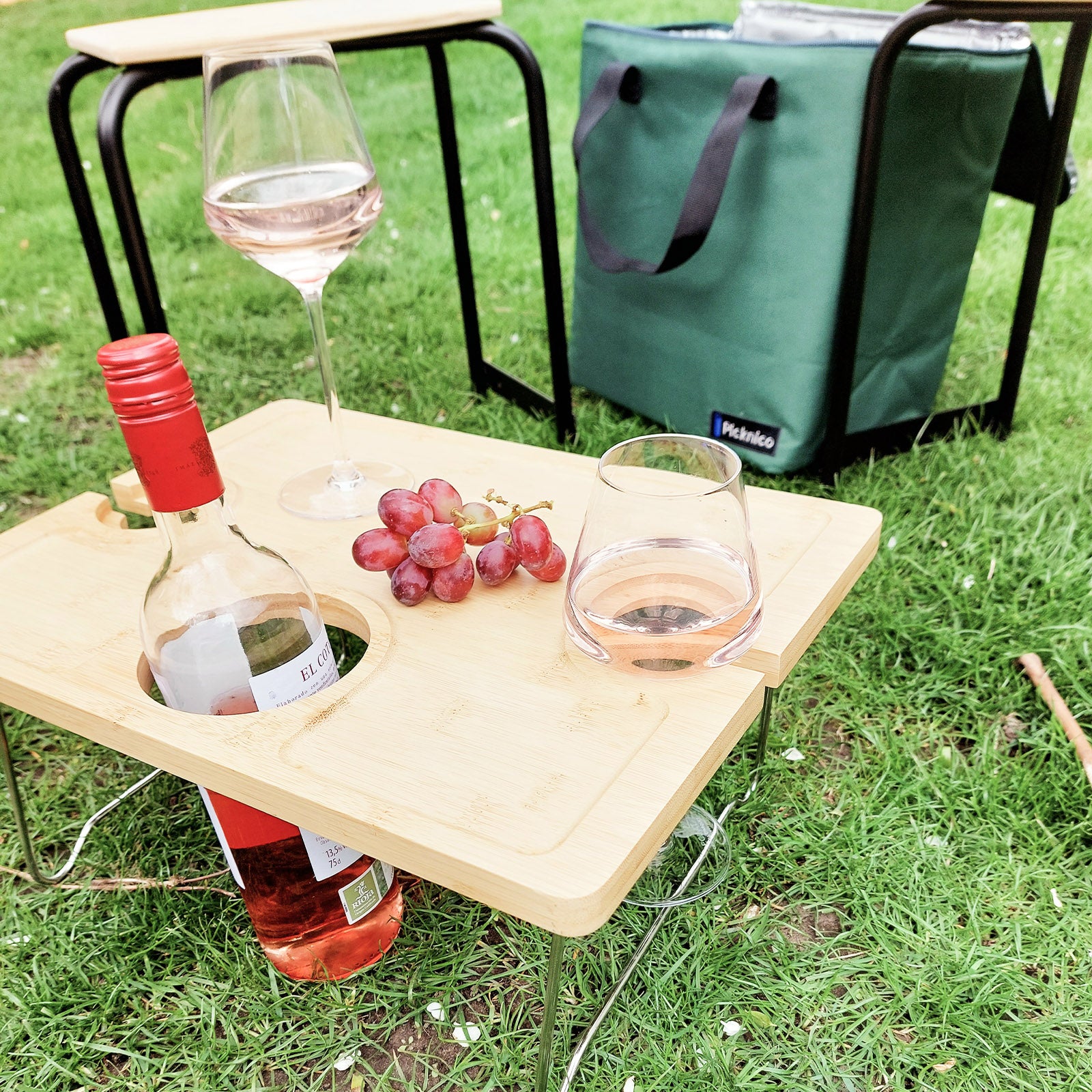 Ensemble table de pique-nique PICKNICO + tabouret, sac à dos, sac isotherme, camping, aluminium, bambou et bois