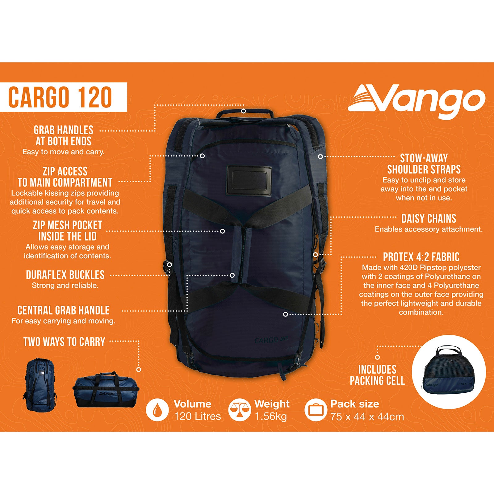 VANGO Travel Bag Cargo 120 Duffle Bag Camping Backpack Transport Bag Portable