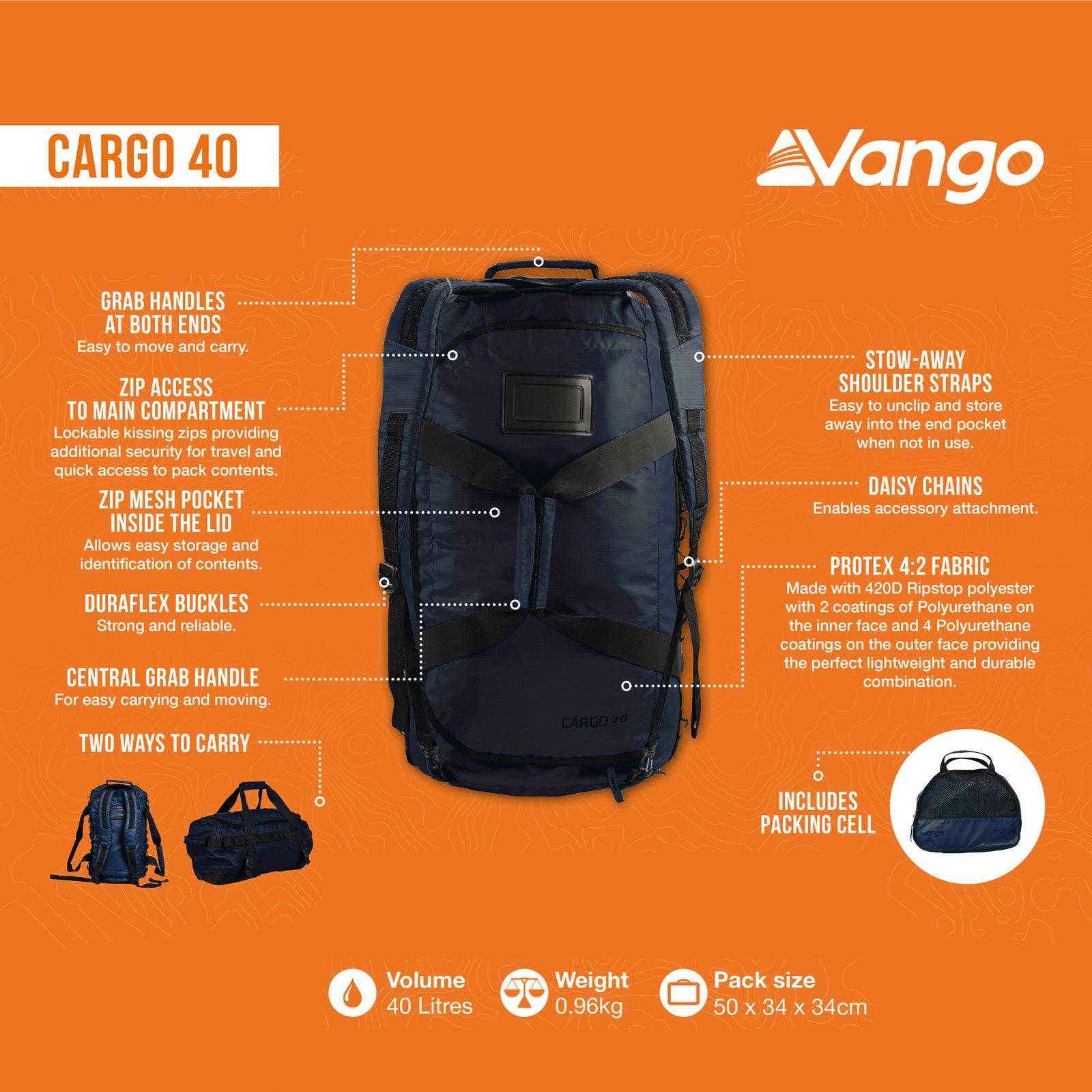 Sac de voyage VANGO Cargo 40, sac de sport, sac à dos de camping, sac de transport portable