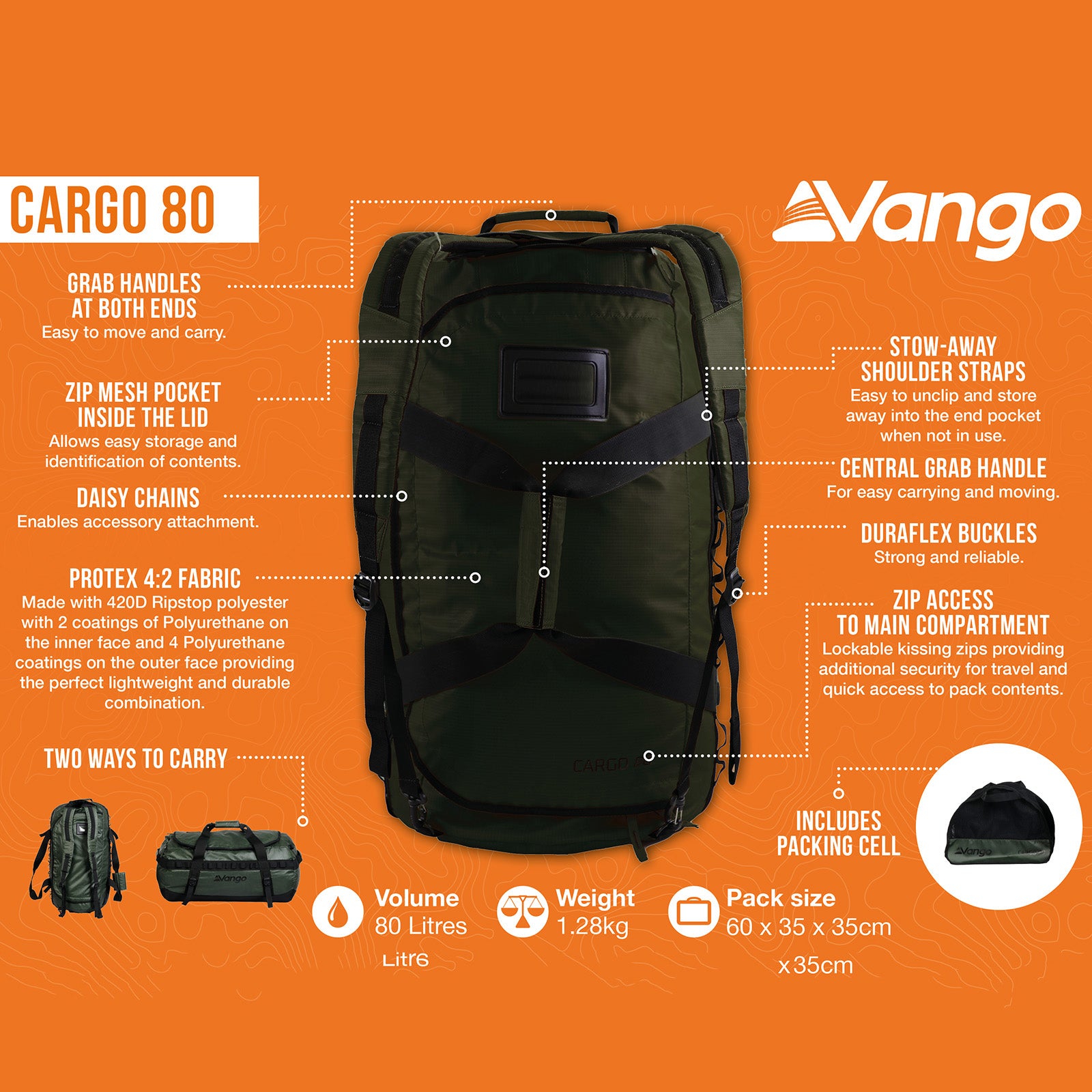 Sac de voyage VANGO Cargo 80, sac de sport, sac à dos de camping, sac de transport portable