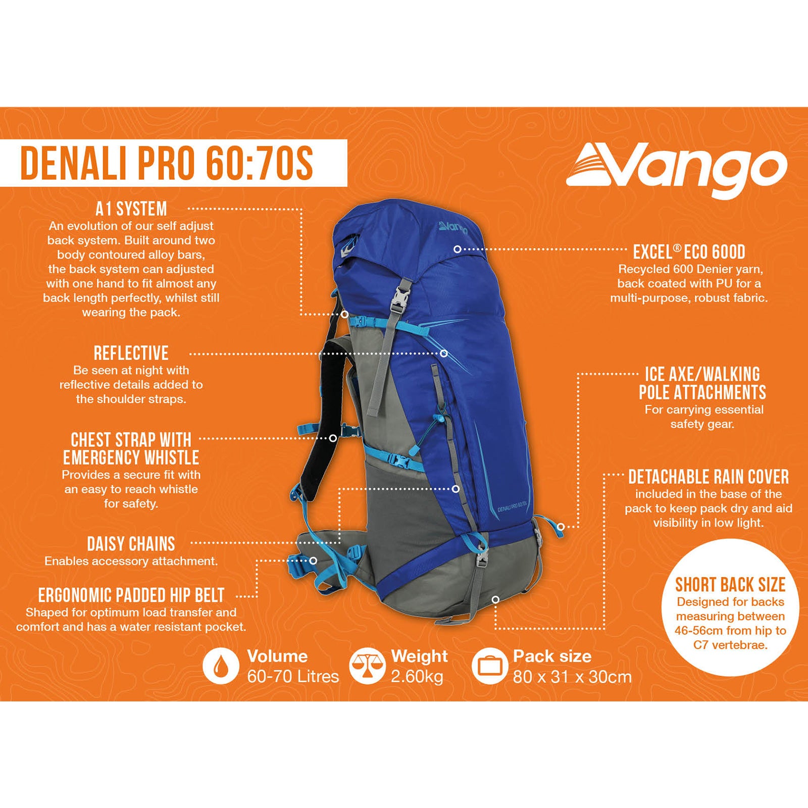 VANGO Trekking Backpack Denali Pro S 60:70 L Outdoor Hiking Backpack Rain Cover