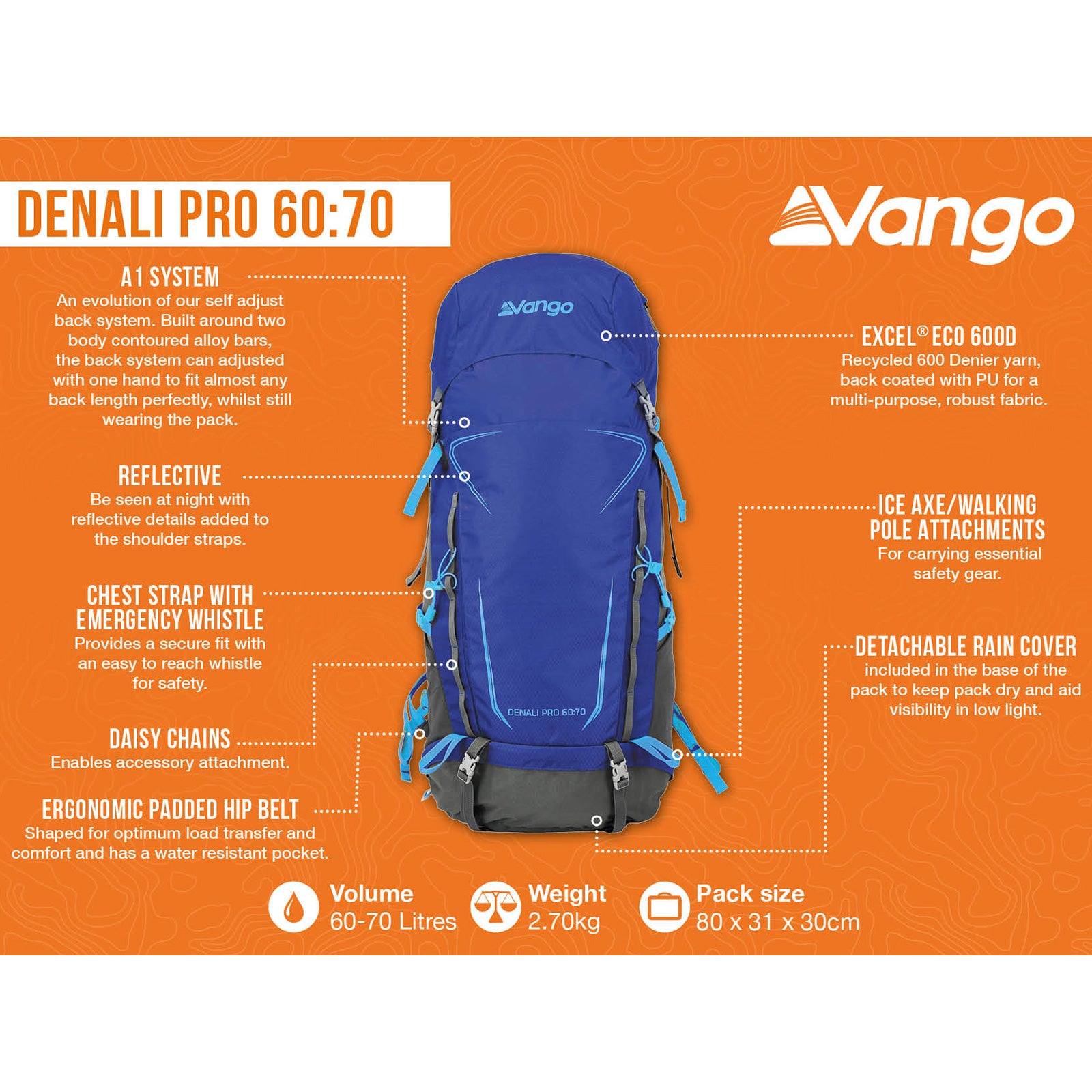 VANGO Trekking Backpack Denali Pro 60:70 L Outdoor Hiking Backpack Rain Cover