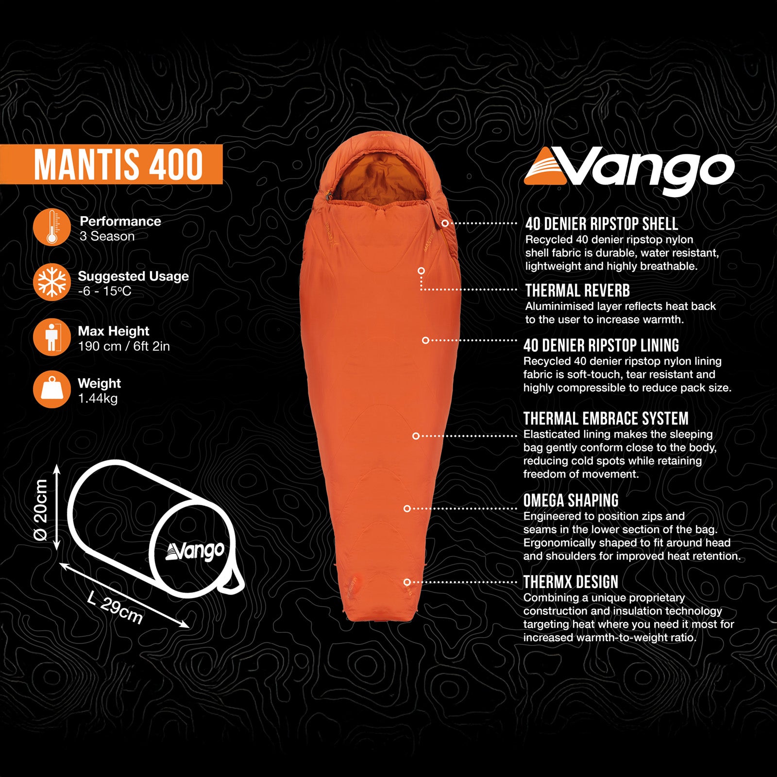 VANGO Mumienschlafsack Mantis 400 Winter Trekking Schlafsack Leicht 1,44 kg