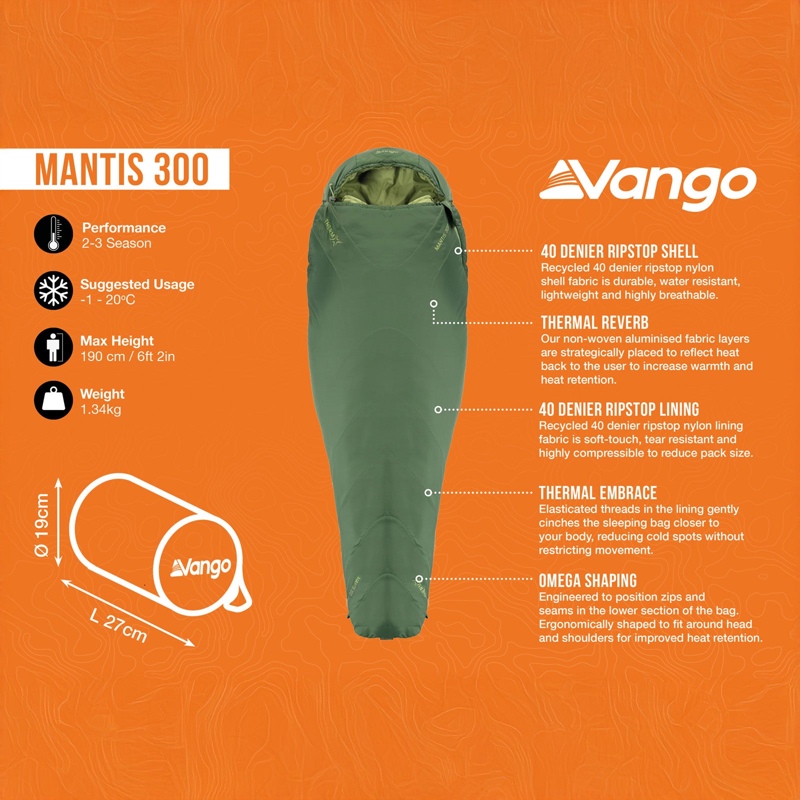 VANGO Mumienschlafsack Mantis 300 Sommer Herbst Trekking Schlafsack Leicht 1,3kg