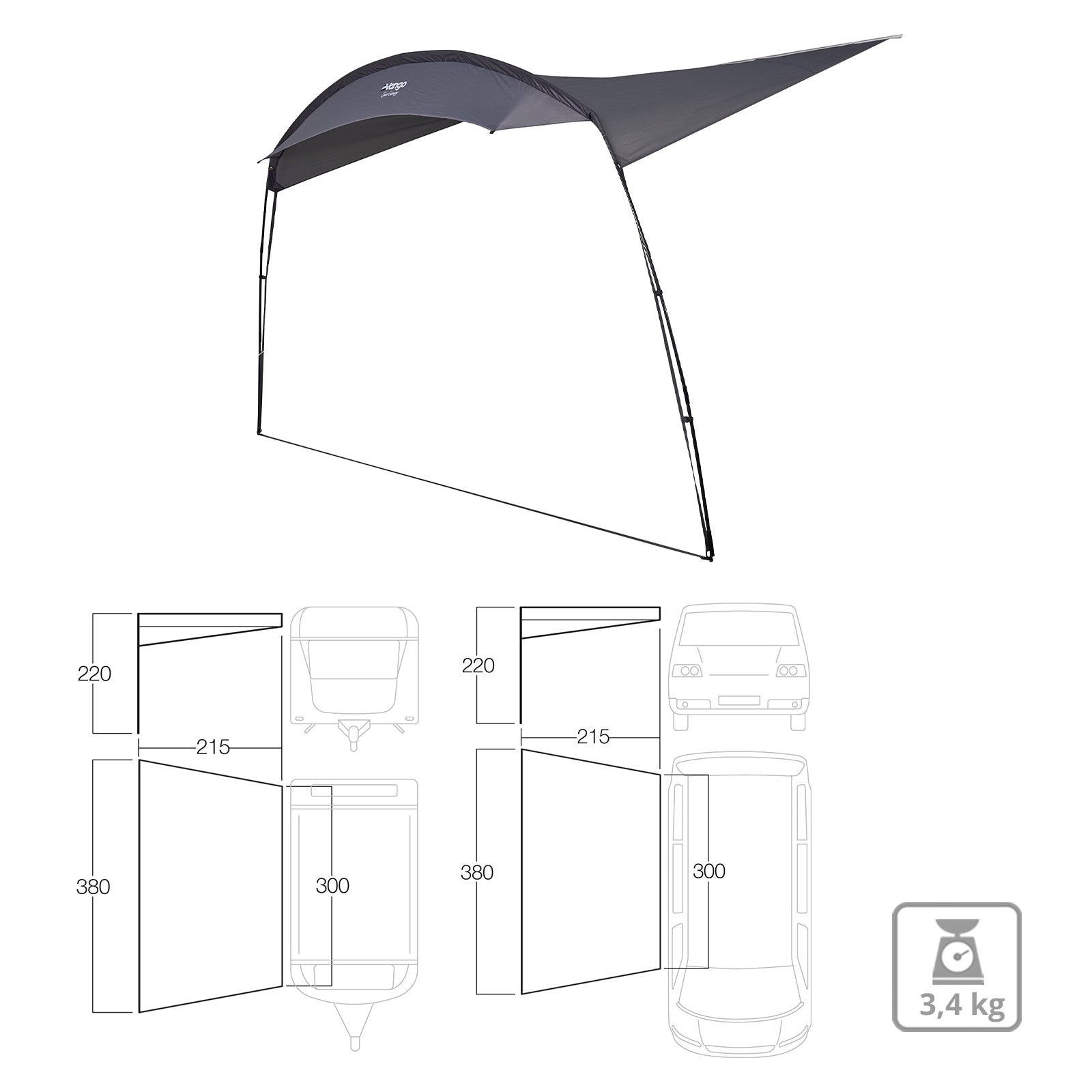 VANGO Caravan Poled Sun Markise Wohnmobil Van Bus Sonnensegel Vordach Keder 3 m