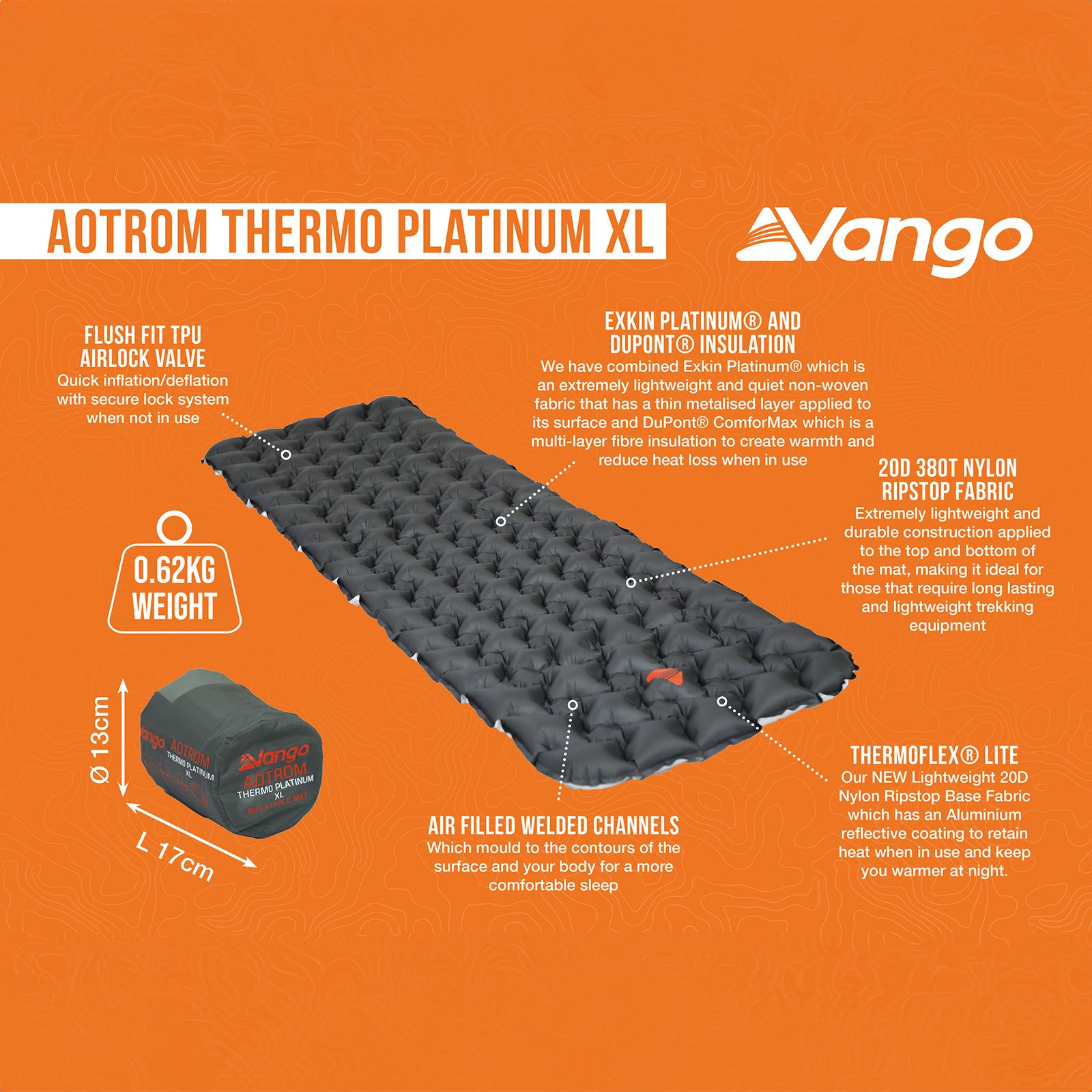 VANGO Trekking-slaapmat Aotrom Thermo Platinum XL luchtbed-campingmat 0,62 kg