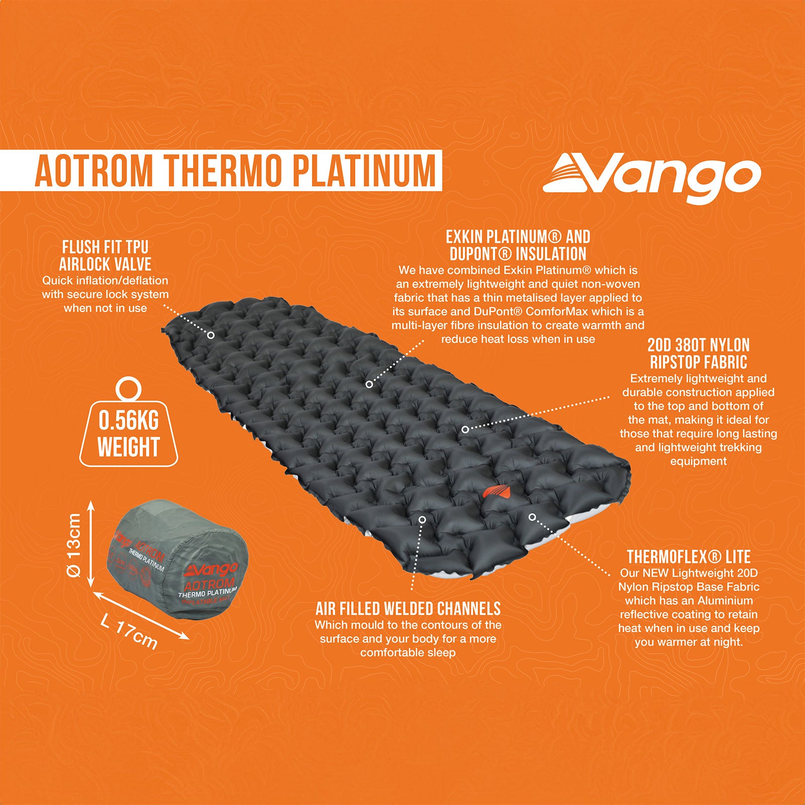 VANGO Trekking Sleeping Mat Aotrom Thermo Platinum Airbed Camping Mat 0.56 kg
