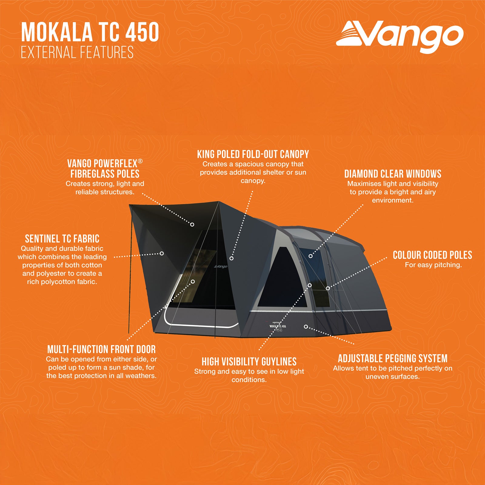 Tente familiale VANGO Mokala TC 450 – Tente tunnel de camping pour 4 personnes avec auvent, en coton