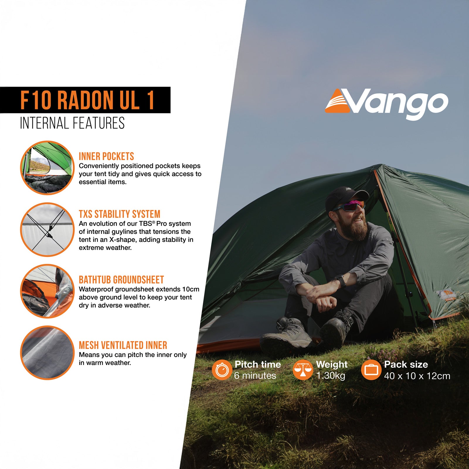 F10 Trekkingzelt Radon UL 1 Personen Camping Fahrrad Einmann Zelt Biwak 1,2 kg
