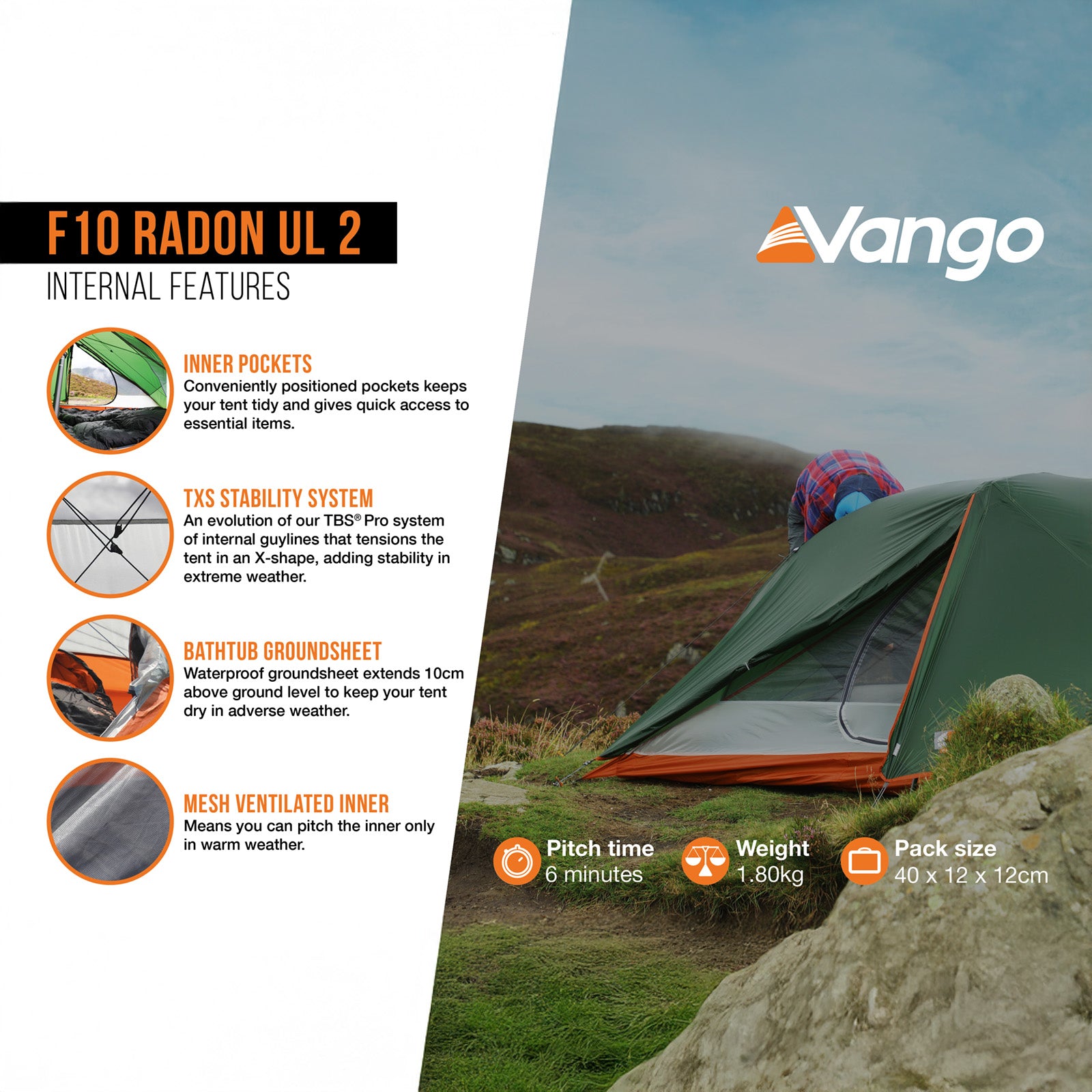 F10 Trekkingzelt Radon UL 2 Personen Camping Fahrrad Einmann Zelt Biwak 1,6 kg