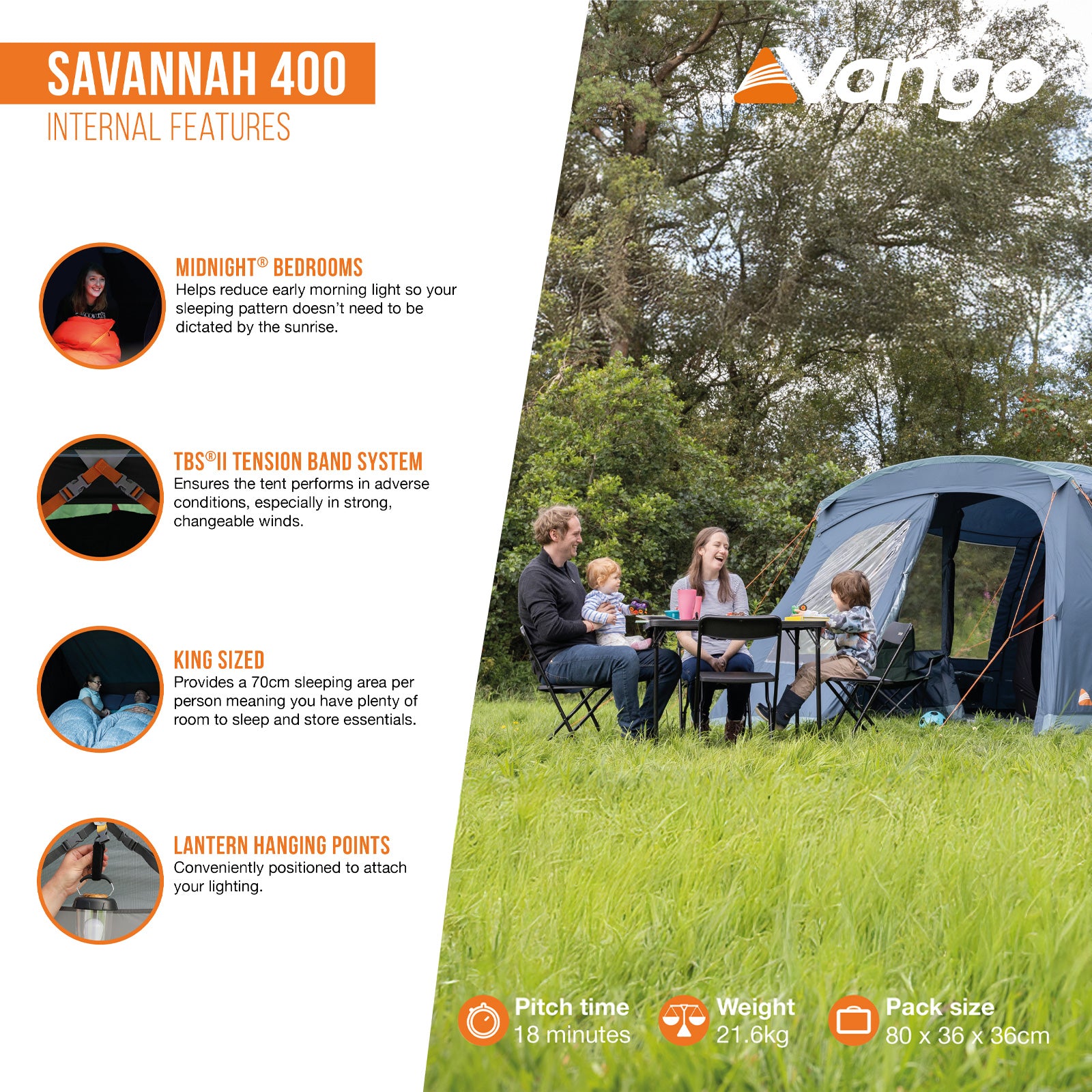 Tente familiale VANGO Savannah 400 – Tente de camping pour groupes – 4 personnes – Entrée en tunnel