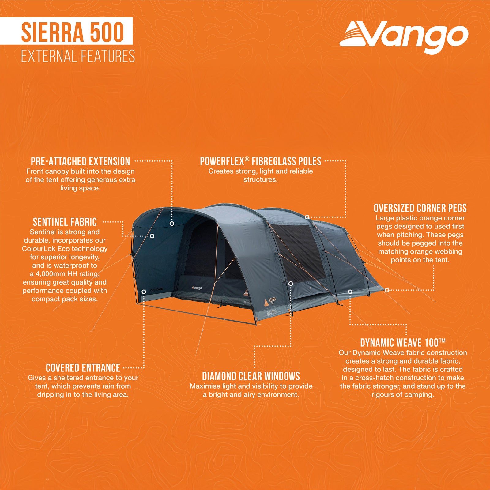 VANGO Familienzelt Sierra 500 Camping Gruppen Zelt 5 Personen Tunnelzelt Vorraum