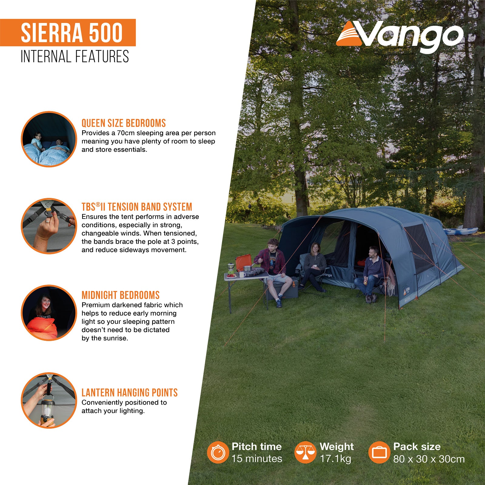 Tente familiale VANGO Sierra 500 – Tente de camping pour groupes – 5 personnes – Tente tunnel avec auvent