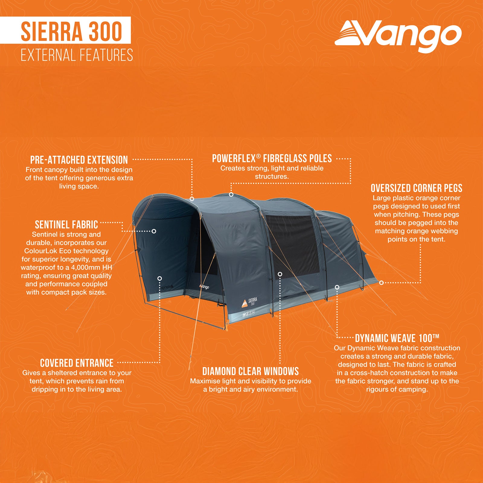 Tente familiale VANGO Sierra 300 – Tente de camping pour groupes – 3 personnes – Tente tunnel avec auvent