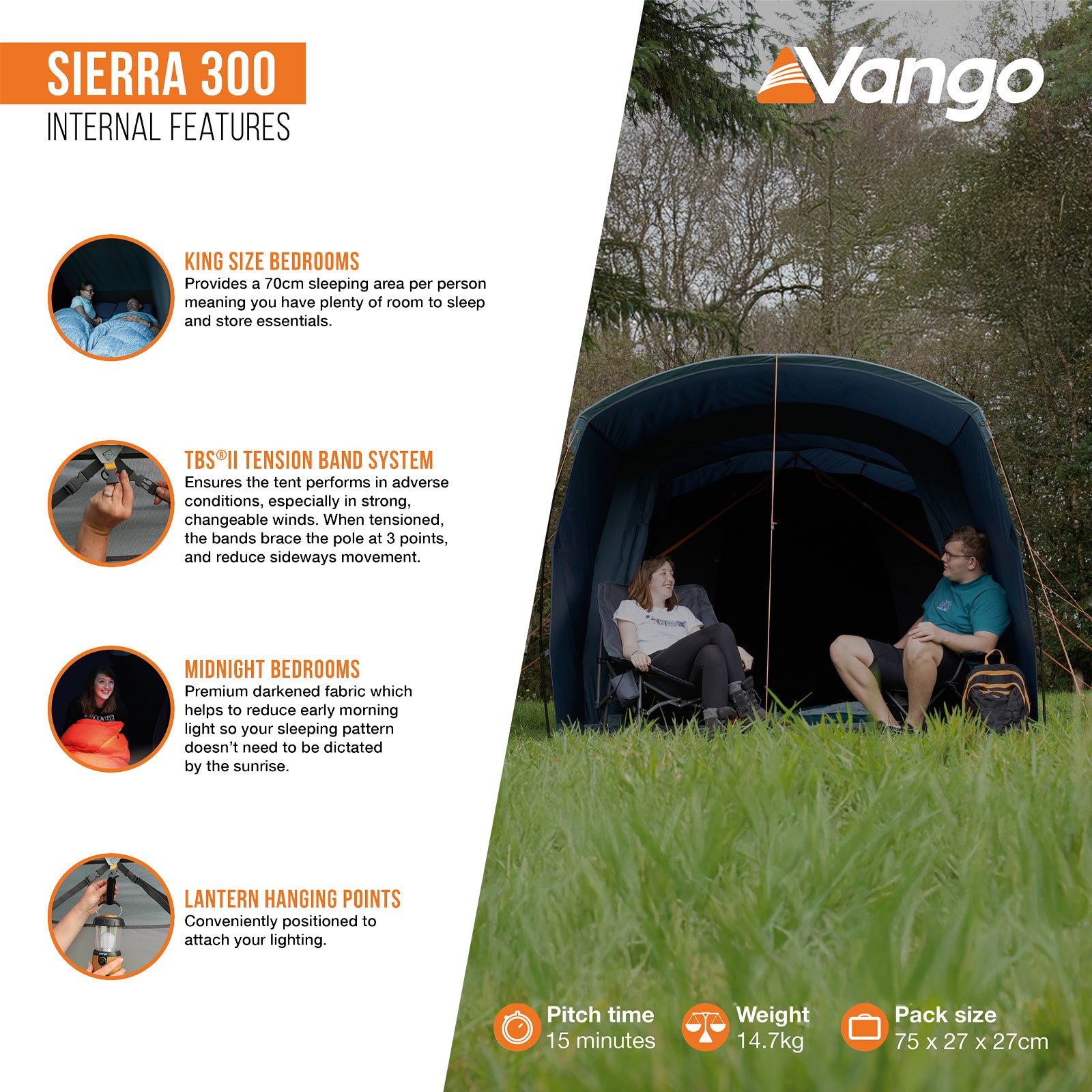 VANGO Familienzelt Sierra 300 Camping Gruppen Zelt 3 Personen Tunnelzelt Vorraum