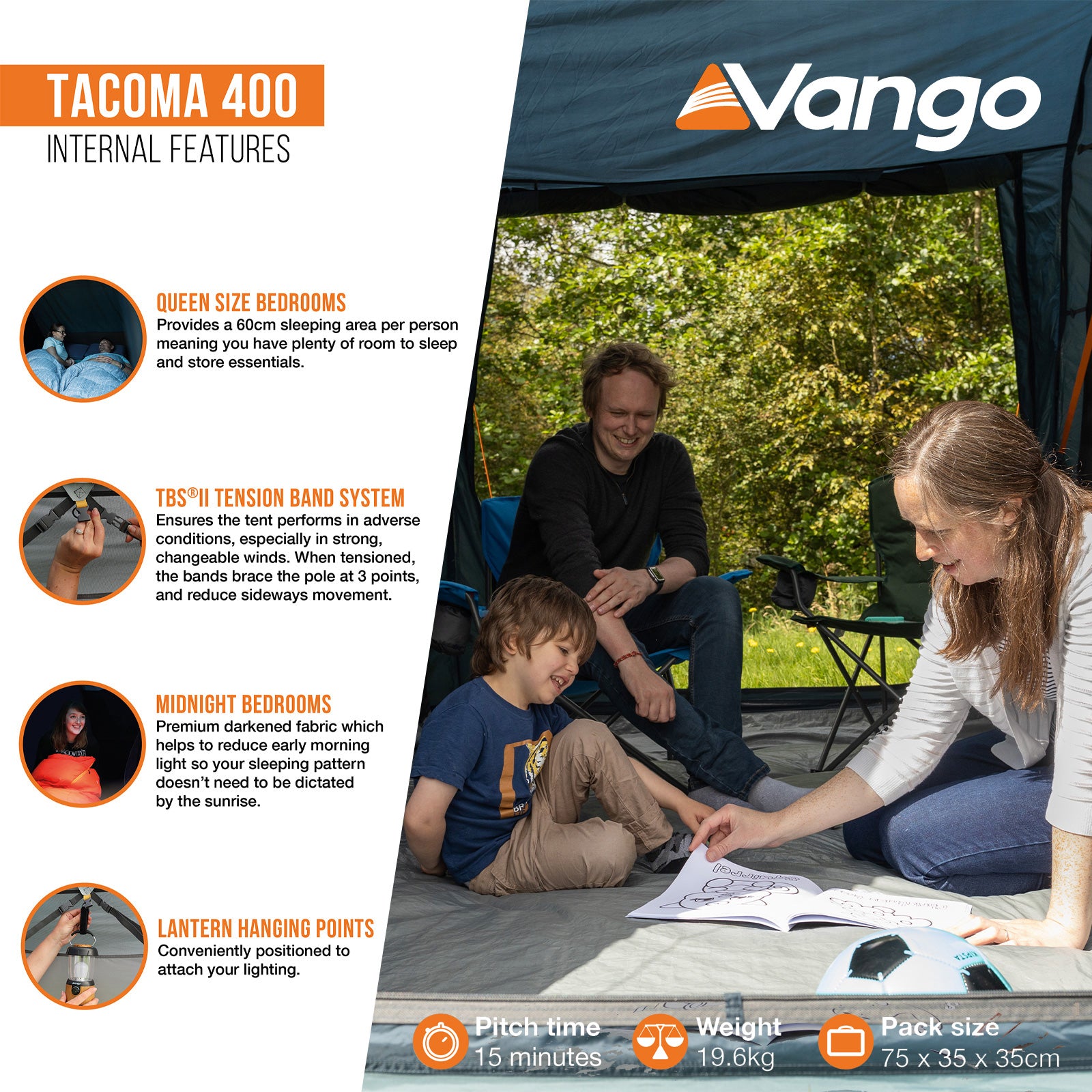 VANGO Familienzelt Tacoma 400 Camping Gruppen Zelt 4 Personen Tunnel Vorraum