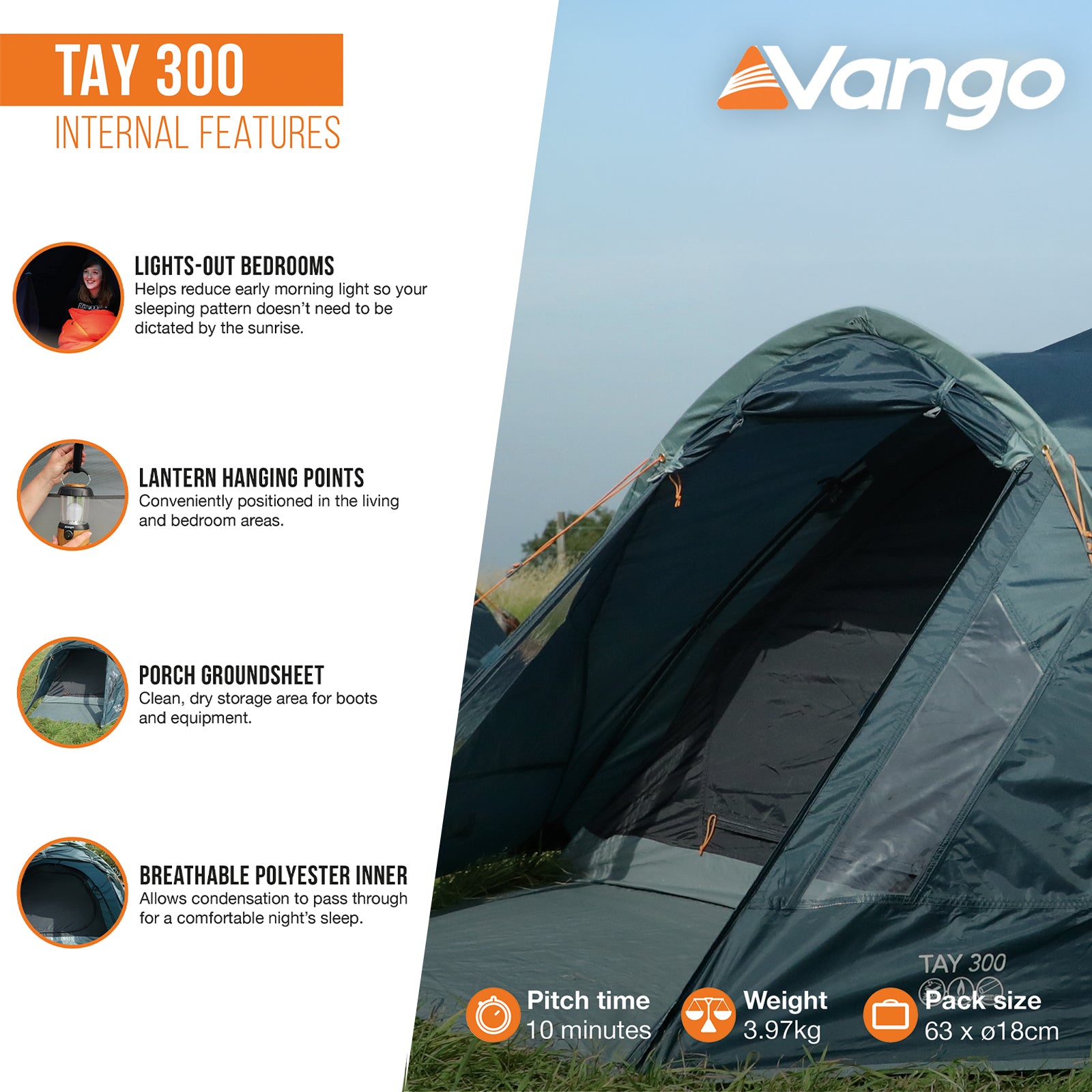 Tente dôme VANGO Tay 300, camping, trekking, igloo, 3 personnes, tente de vélo, vestibule, 4 kg