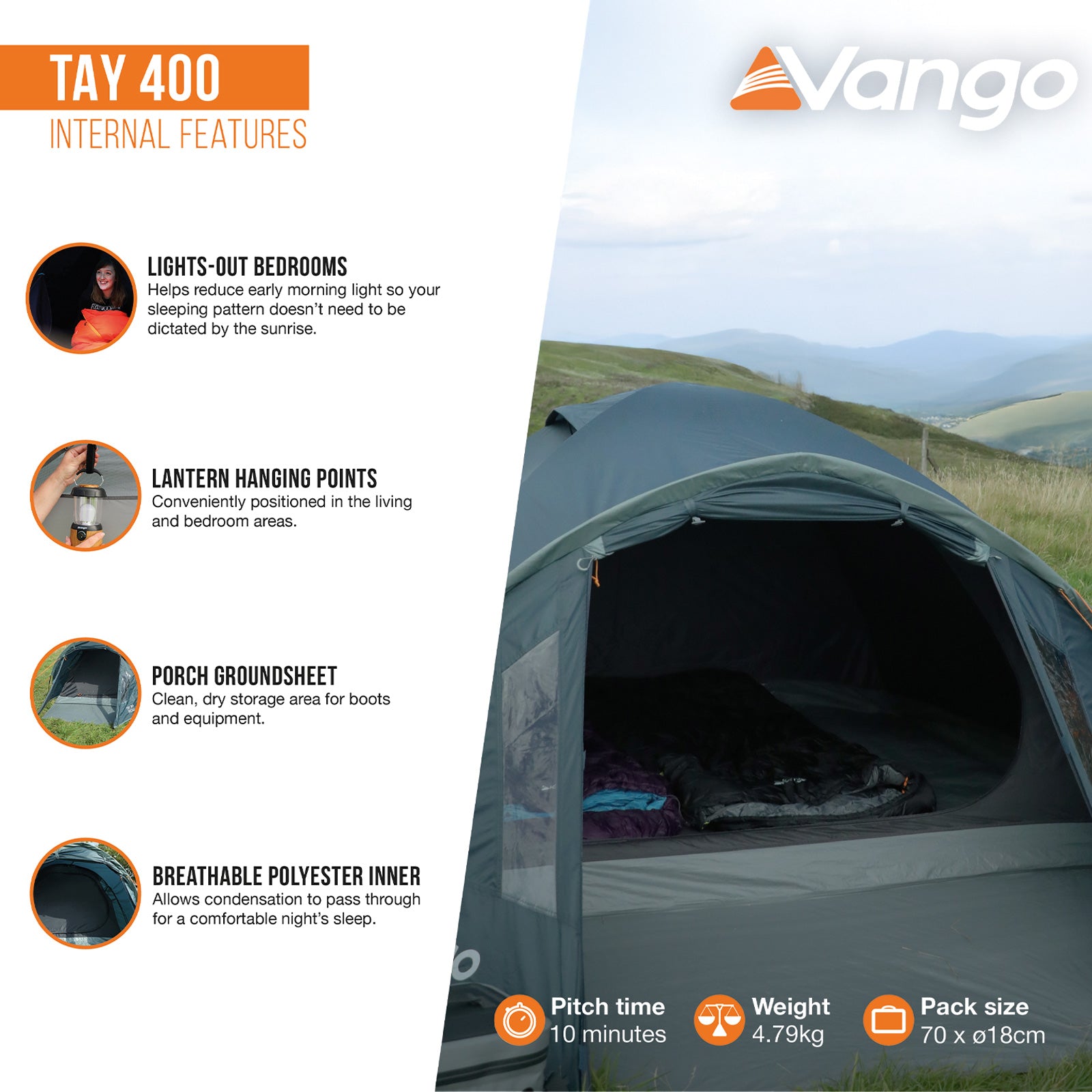 Tente dôme VANGO Tay 400, camping, trekking, igloo, 4 personnes, tente de vélo, vestibule, 5 kg