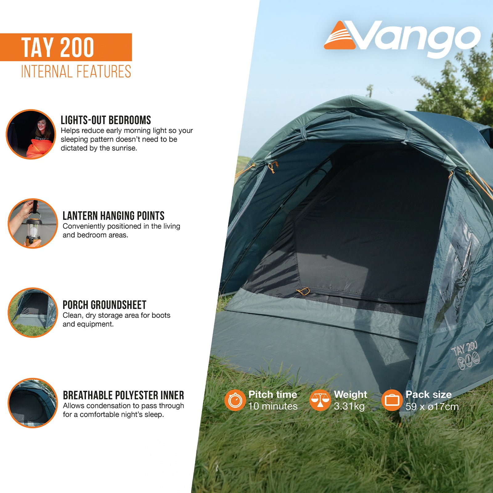 Tente dôme VANGO Tay 200 : tente de camping et de randonnée en forme d'igloo pour 2 personnes, avec vestibule, 3 kg