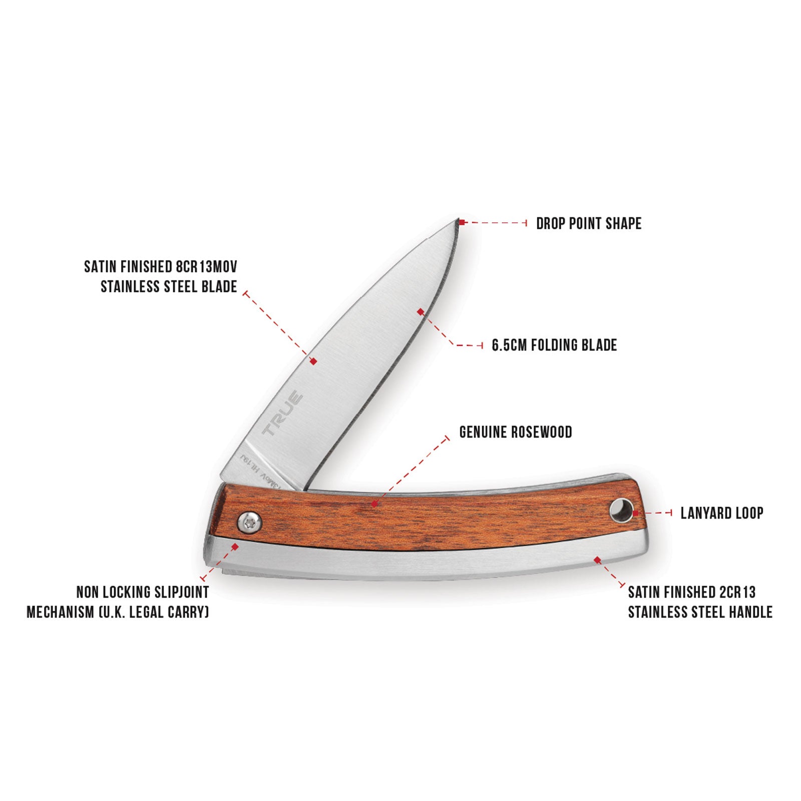 TRUE UTILITY Klappmesser Gentlemans Knife Taschen Messer Rosenholz Griff 63 g