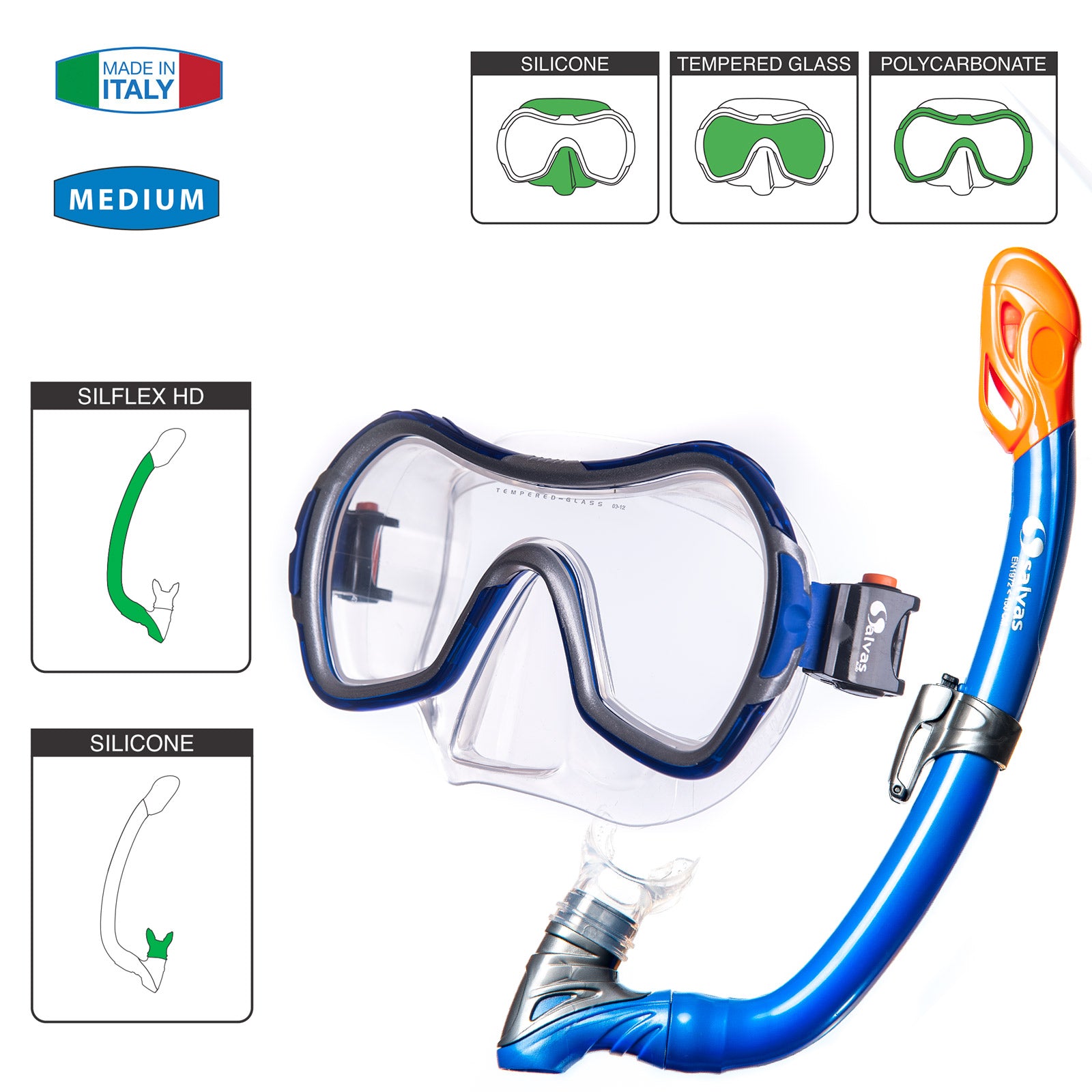 SALVAS Kinder Set Wave Tauch Maske + Schnorchel Taucher Beschlag DryTop Silikon