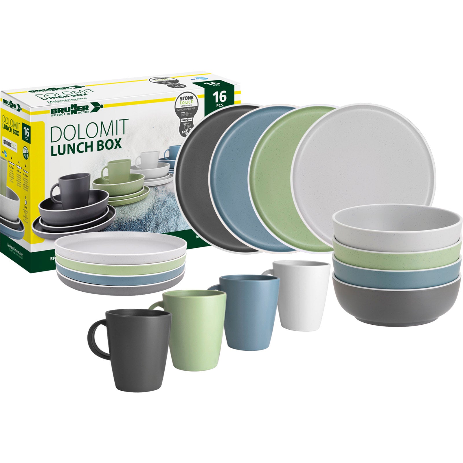 BRUNNER Melamin Geschirr Set Lunch Box Dolomit Stone Touch Camping Teller 16tlg