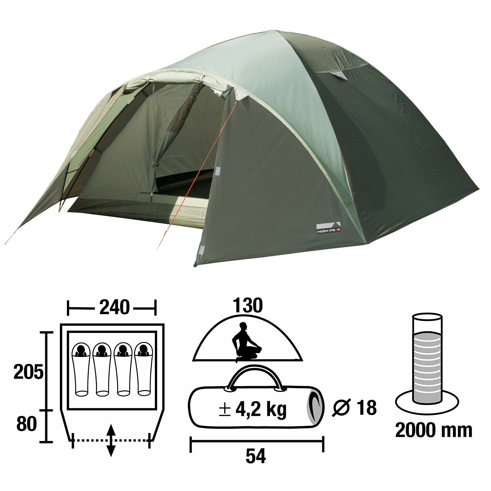 HIGH PEAK Iglu Zelt Nevada 4 Personen Camping Kuppelzelt Trekkingzelt Vorraum
