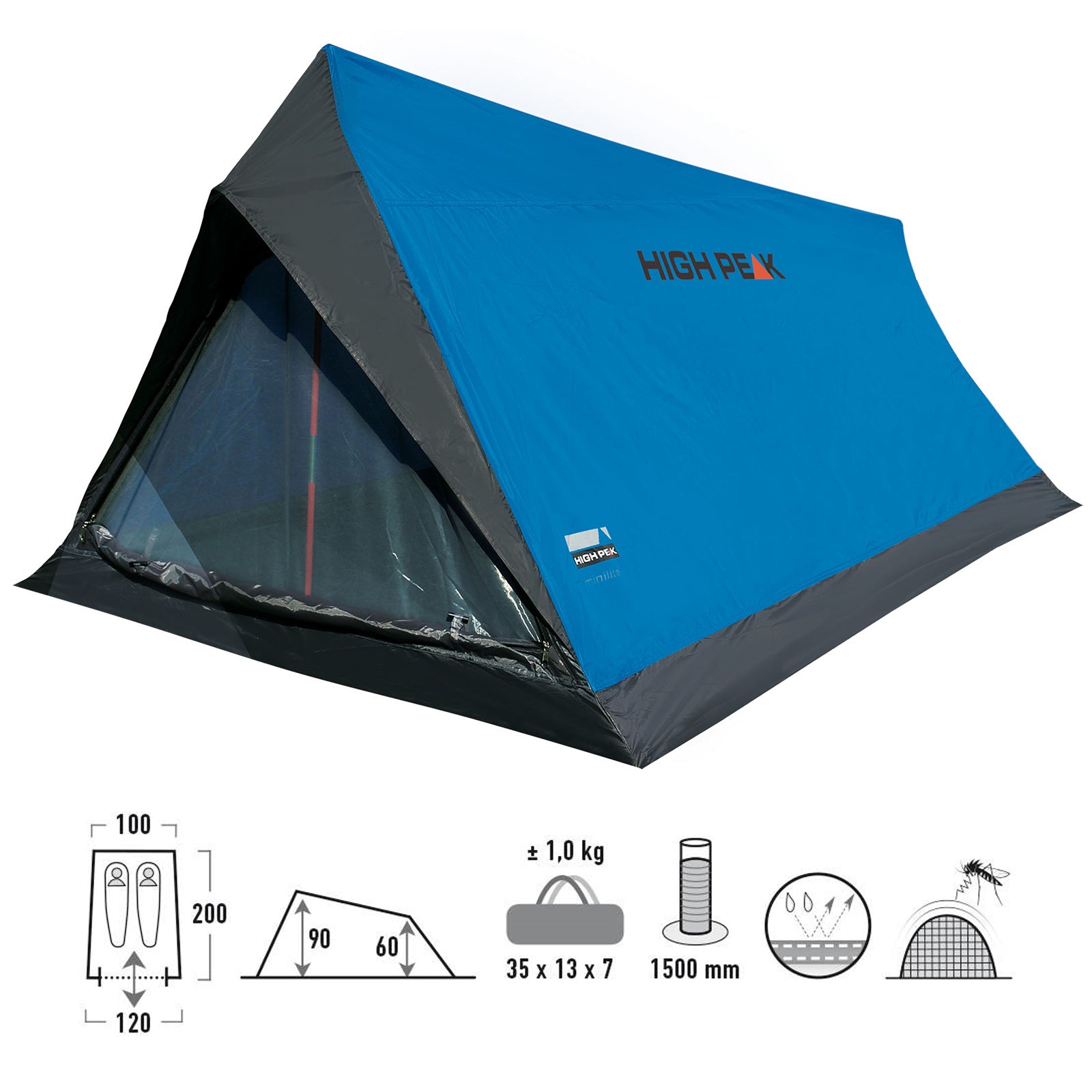 HIGH PEAK Trekkingzelt Minilite 1-2 Personen 1 Mann Camping Zelt Fahrrad 1 kg