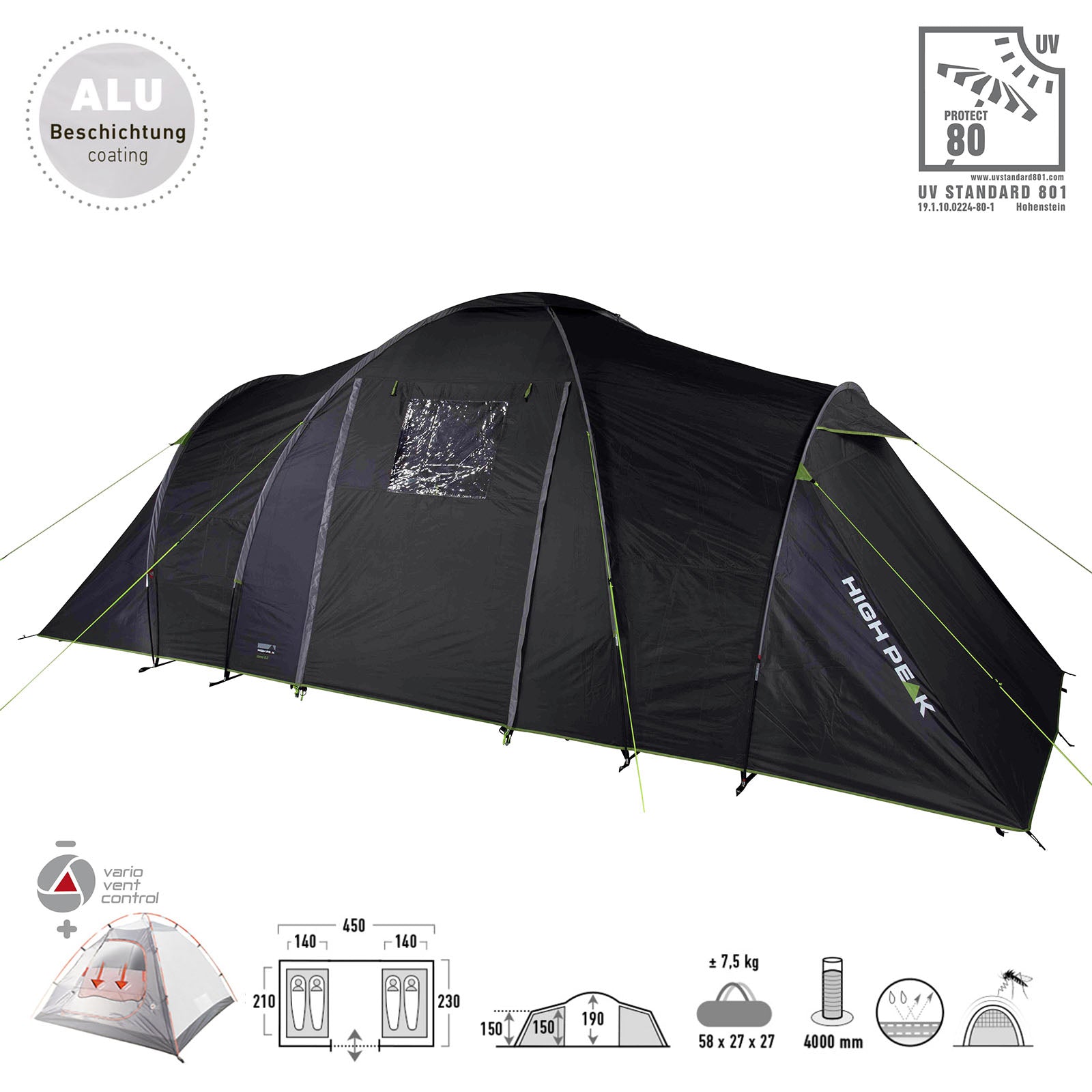 HIGH PEAK Kuppelzelt Como 4 Personen Zelt Familienzelt Campingzelt Groß Vorraum