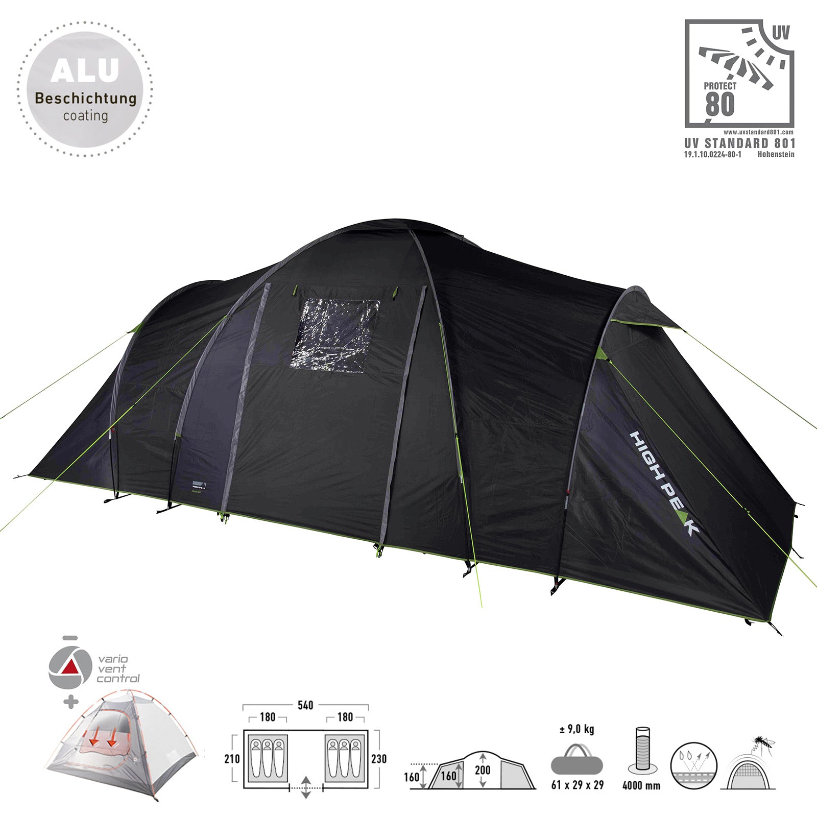 HIGH PEAK Kuppelzelt Como 6 Personen Zelt Familienzelt Campingzelt Groß Vorraum