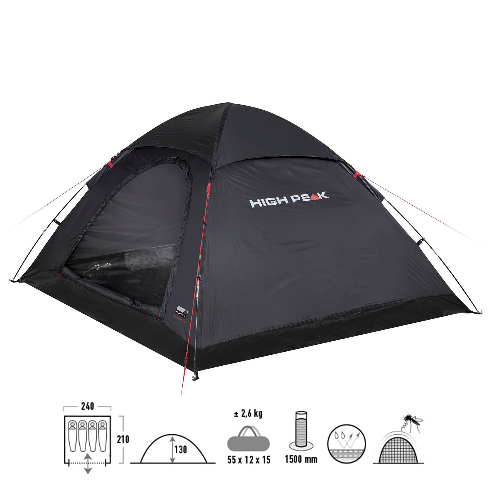 HIGH PEAK Kuppelzelt Monodome XL 4 Personen Camping Bike Zelt Familienzelt Groß