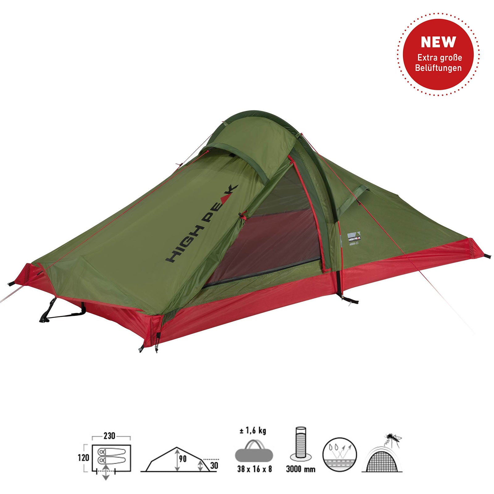 Tente de trekking HIGH PEAK Siskin 2.0 LW pour vélo, tente à arceau simple pour 2 personnes, aluminium, 1,6 kg