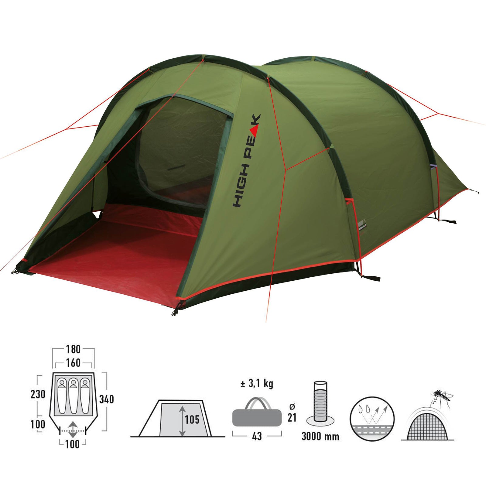 HIGH PEAK Tunnelzelt Kite 3 LW Personen Fahrrad Zelt Camping Trekking Vorraum