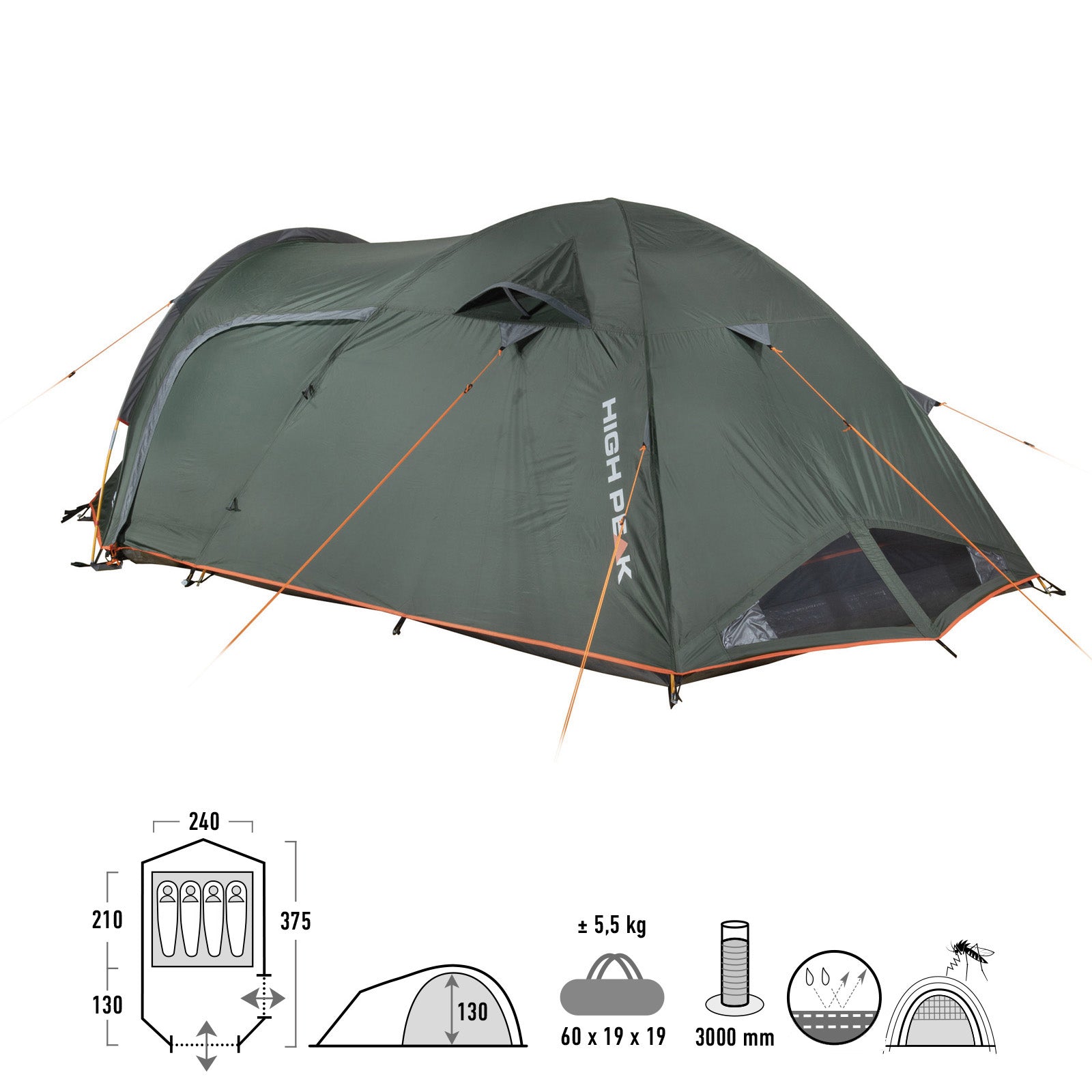 HIGH PEAK dome tent Kira 3 4 persons camping trekking tent igloo tent vestibule