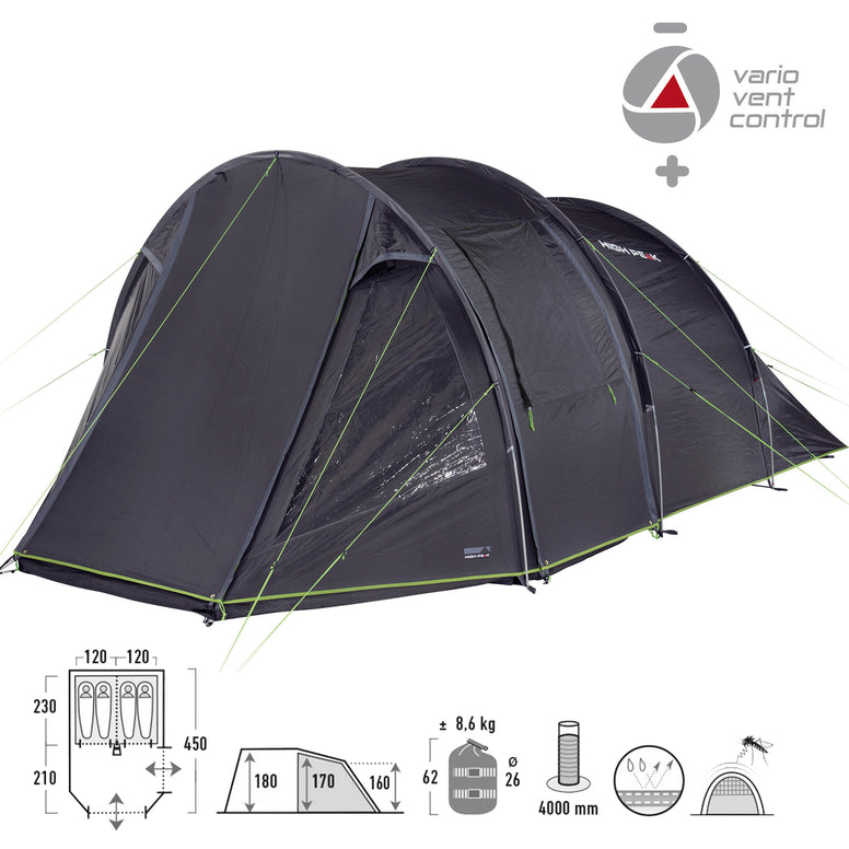 HIGH PEAK tunnel tent Paxos 4 people camping group tent family tent vestibule